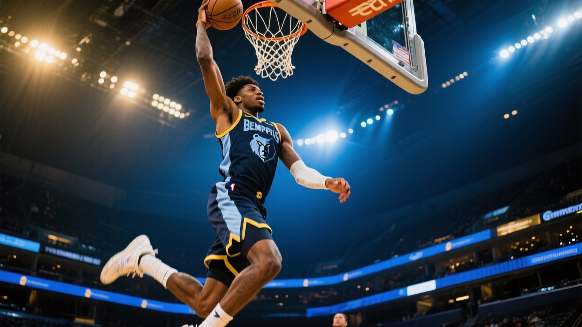 Ja Morant Poster Dunk 壁紙 — 一位身穿曼菲斯灰熊隊球衣的籃球運動員在明亮的場館燈光下灌籃。