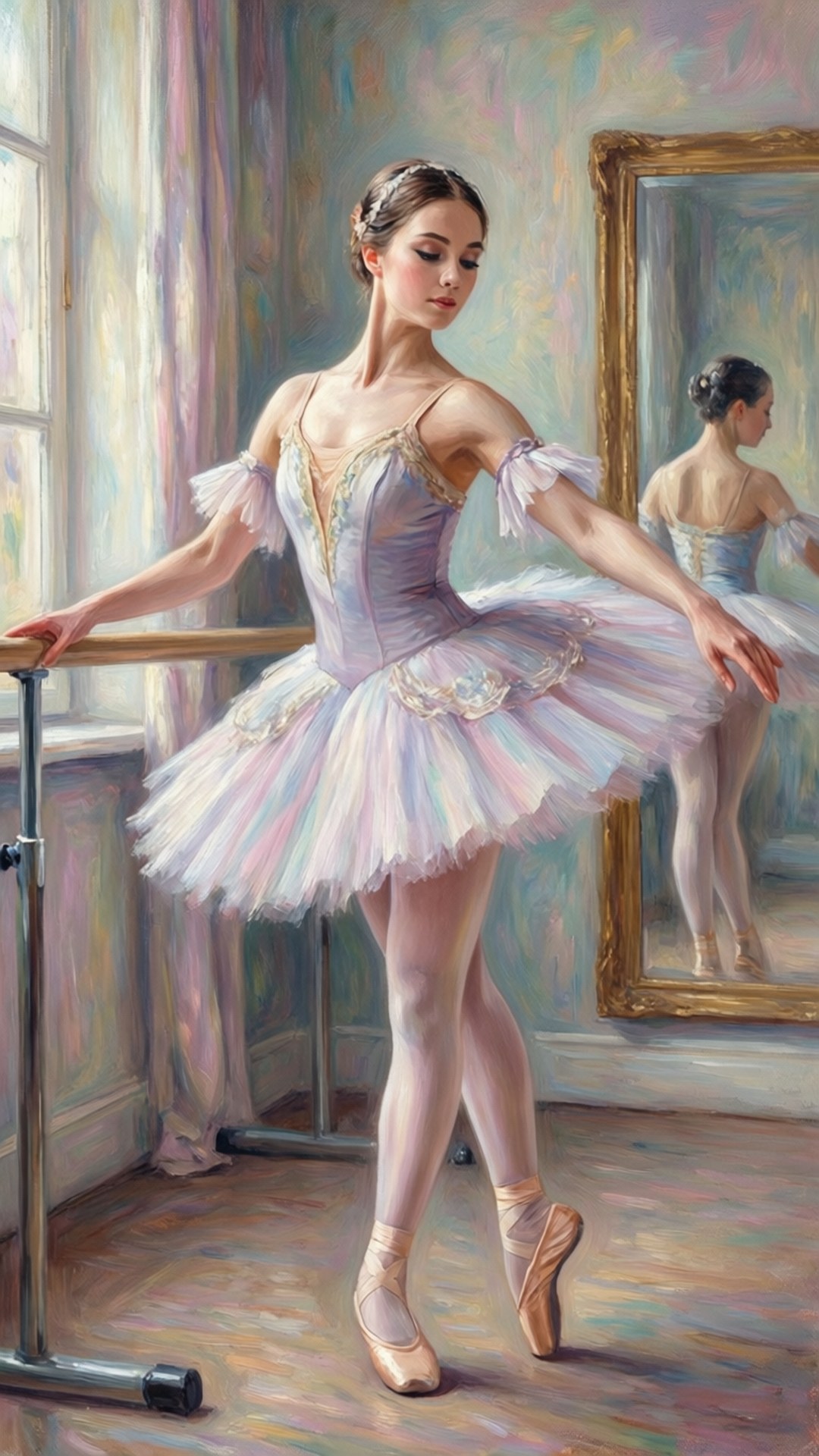 Ballet Practice 壁紙 — 一位穿著粉彩芭蕾舞裙的芭蕾舞者在陽光充足的練習室中優雅地在把桿上伸展，鏡子映照出她優美的姿態。