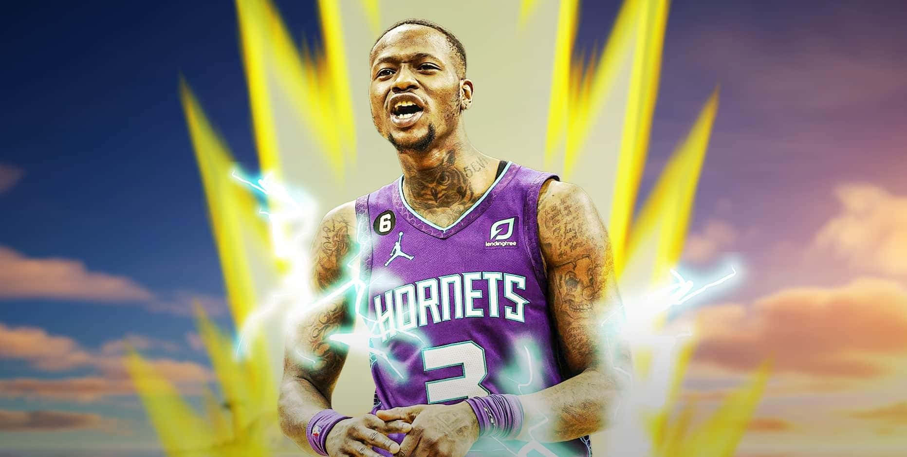 身穿紫色黃蜂隊球衣的籃球運動員被電擊效果包圍。 — NBA 壁紙
