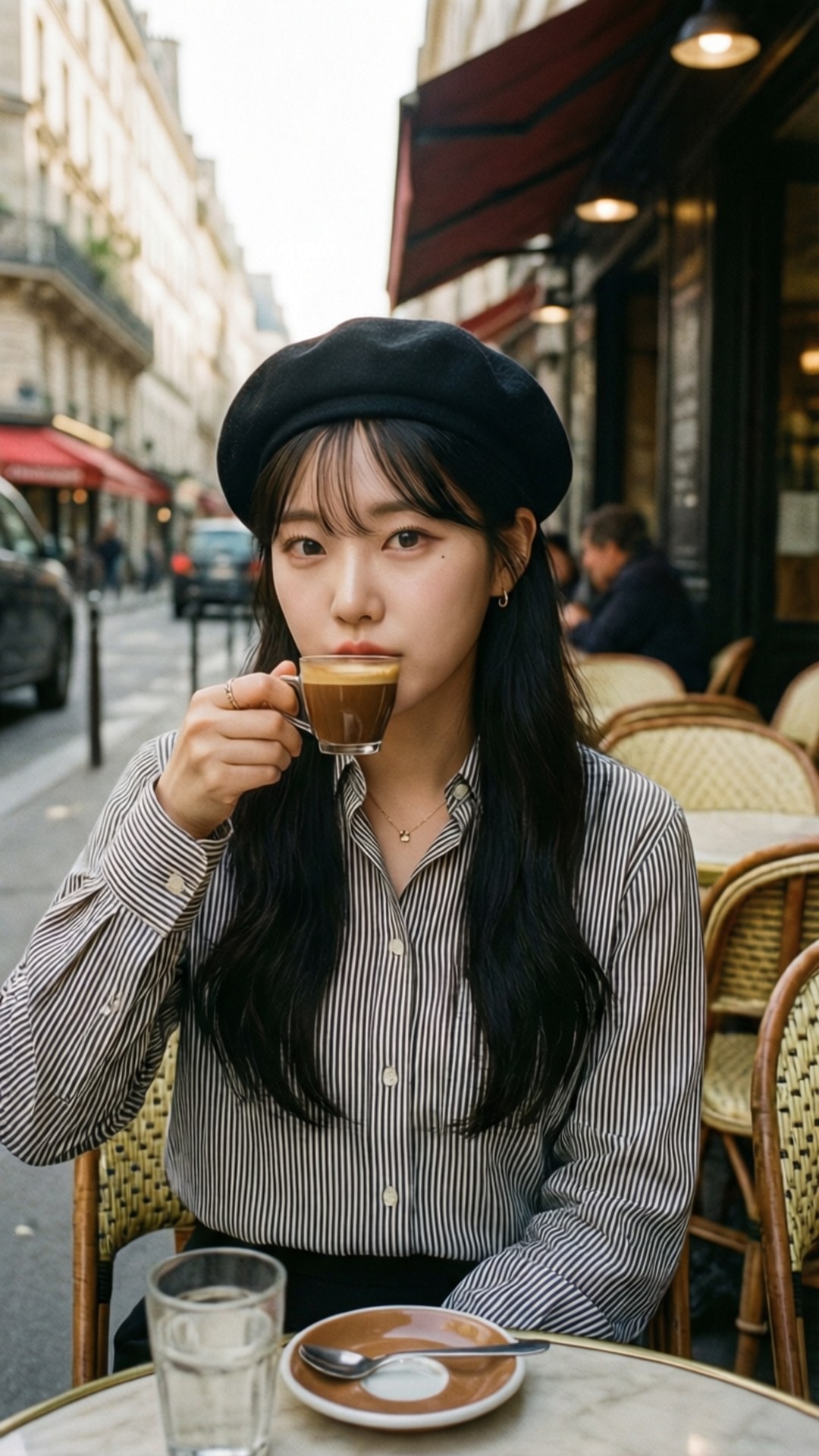 Parisian Morning 壁紙 — 一位戴黑色貝雷帽的年輕女性在巴黎咖啡館的桌子旁喝濃縮咖啡，桌旁有藤椅和紅色遮陽篷。
