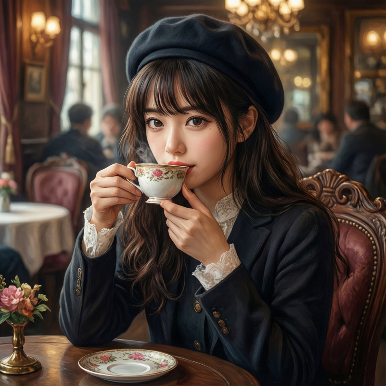 Café Elegance 壁紙 — 一位戴黑色貝雷帽的年輕女性在一個華麗的復古咖啡館裡，從一個花卉圖案的杯子中啜飲茶，周圍有吊燈和顧客。