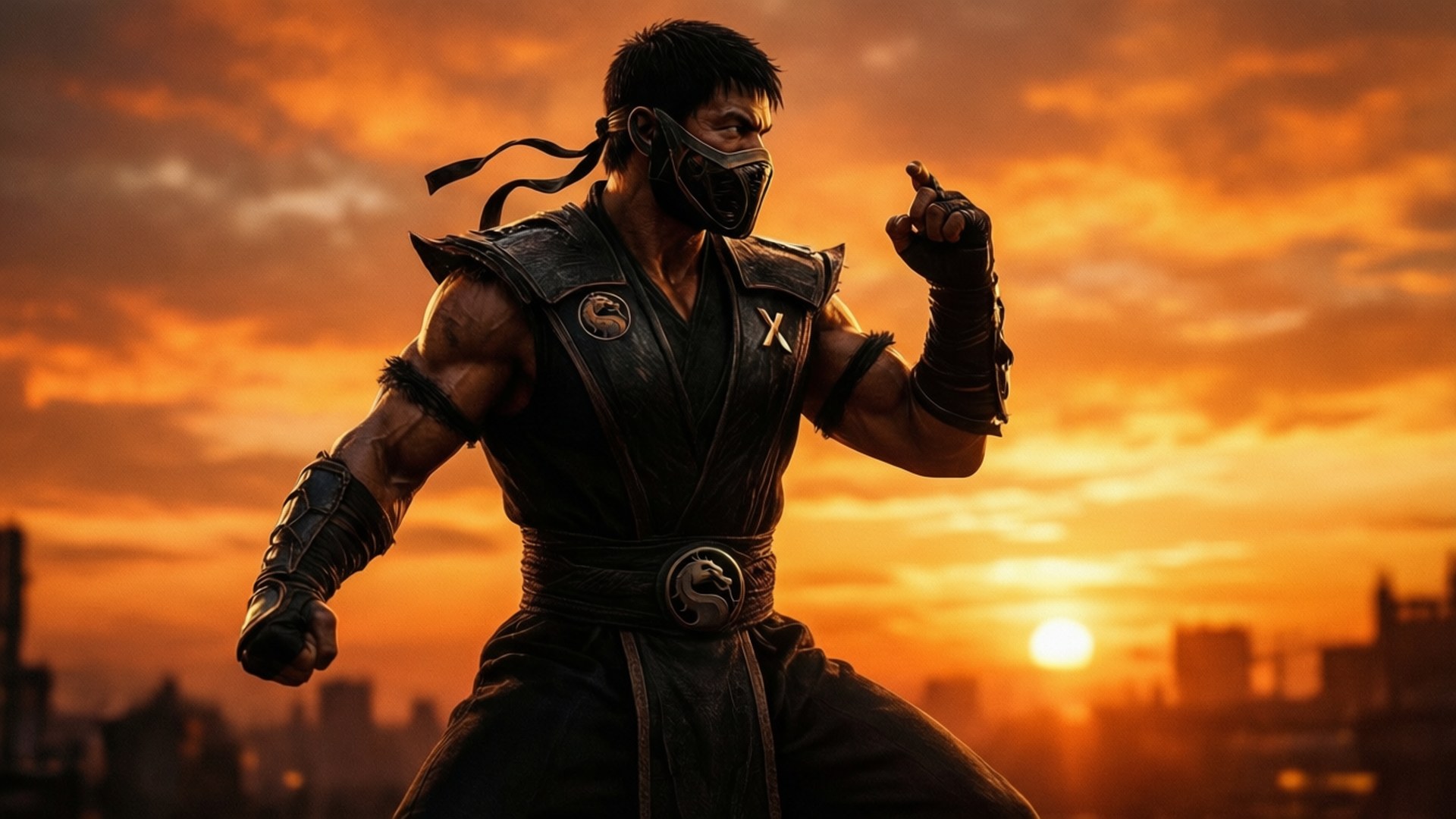 Mortal Kombat X 桌布 壁紙 — 一位戴面具的武術家身穿暗色盔甲，在火紅的橙色夕陽下，於城市天際線前擺出姿勢。