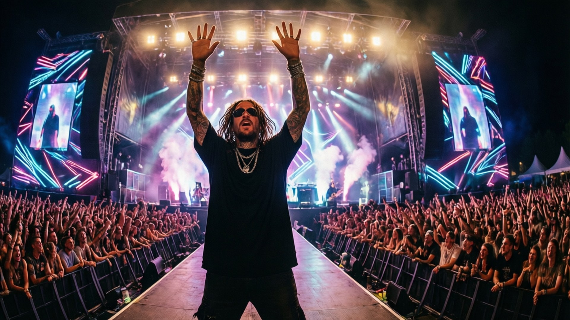Festival Energy 壁紙 — 一位帶有刺青、梳著辮子頭並戴著太陽眼鏡的音樂家在霓虹燈光籠罩的音樂會舞台上高舉雙手，而圍欄後的人群正在歡呼。
