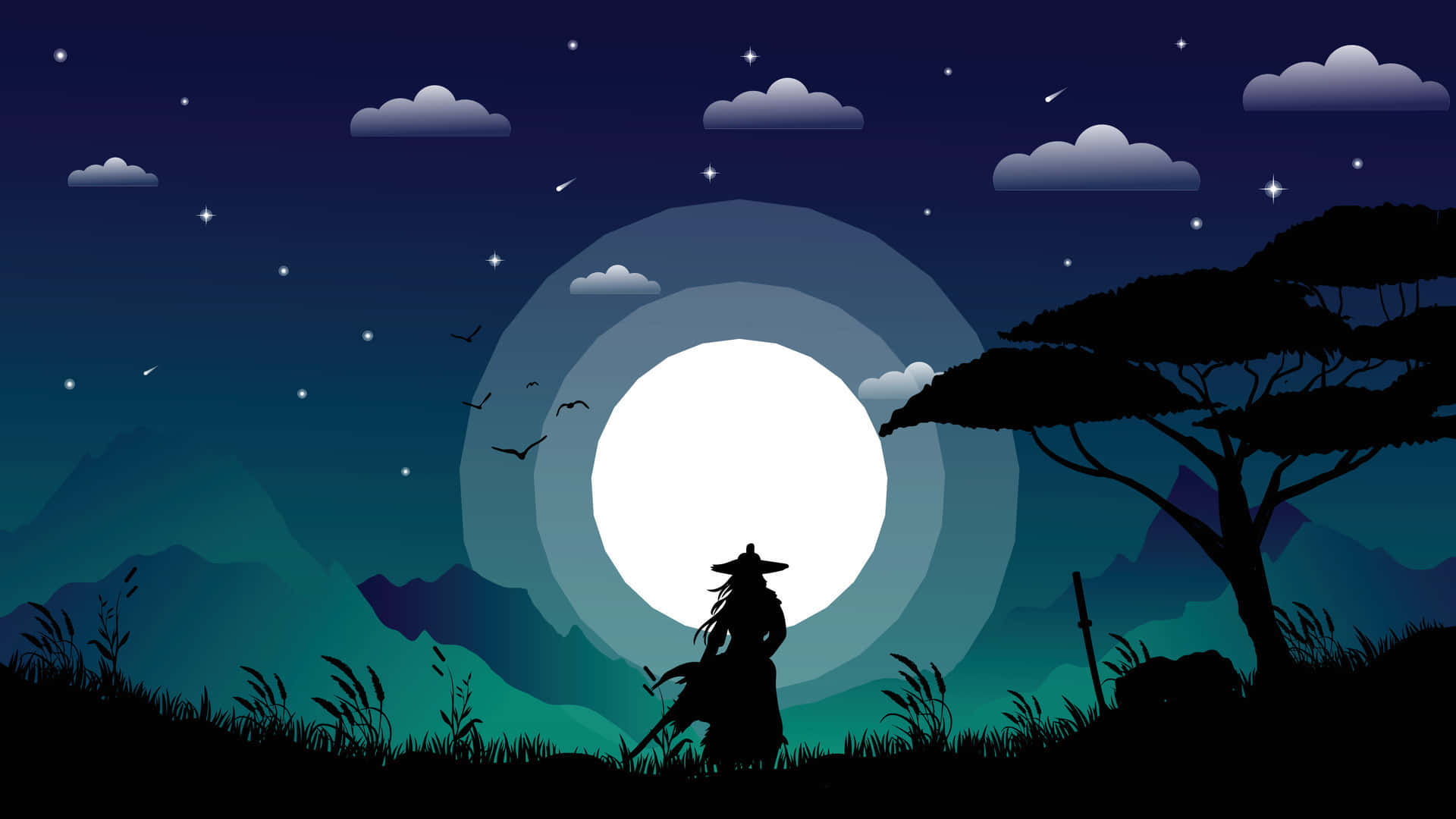  壁紙 — 一位戴著寬邊帽的孤獨戰士，在星空夜景中，以遠山和金合歡樹為背景，站在發光的滿月前形成剪影。
