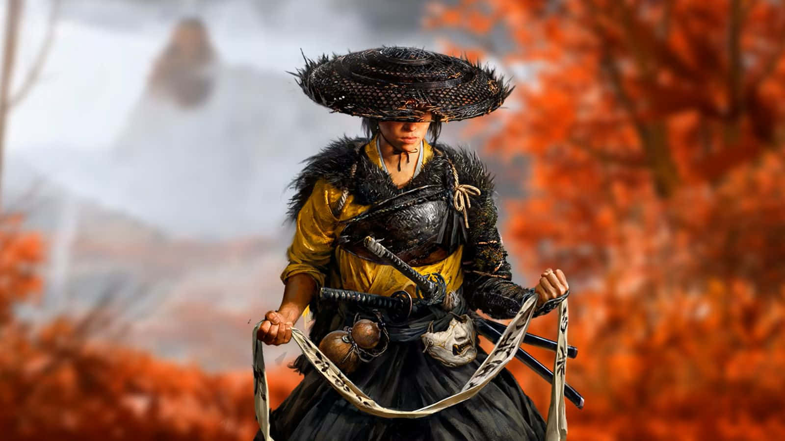  壁紙 — 一位戴著寬邊帽的武士戰士，在熾熱的秋葉和霧氣繚繞的山巒背景下，手持武士刀蓄勢待發。