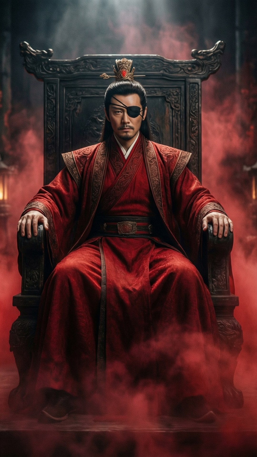 Throne of Ghosts 壁紙 — 一位戴著眼罩的威嚴男子坐在黑暗華麗的王座上，身披紅色長袍，周圍環繞著旋轉的深紅色煙霧。