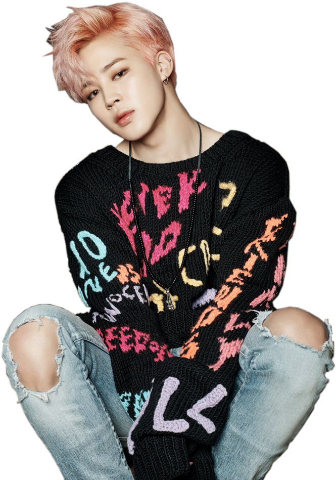 粉紅色頭髮的年輕男子，穿著破洞牛仔褲和彩色毛衣。 — Bts 壁紙