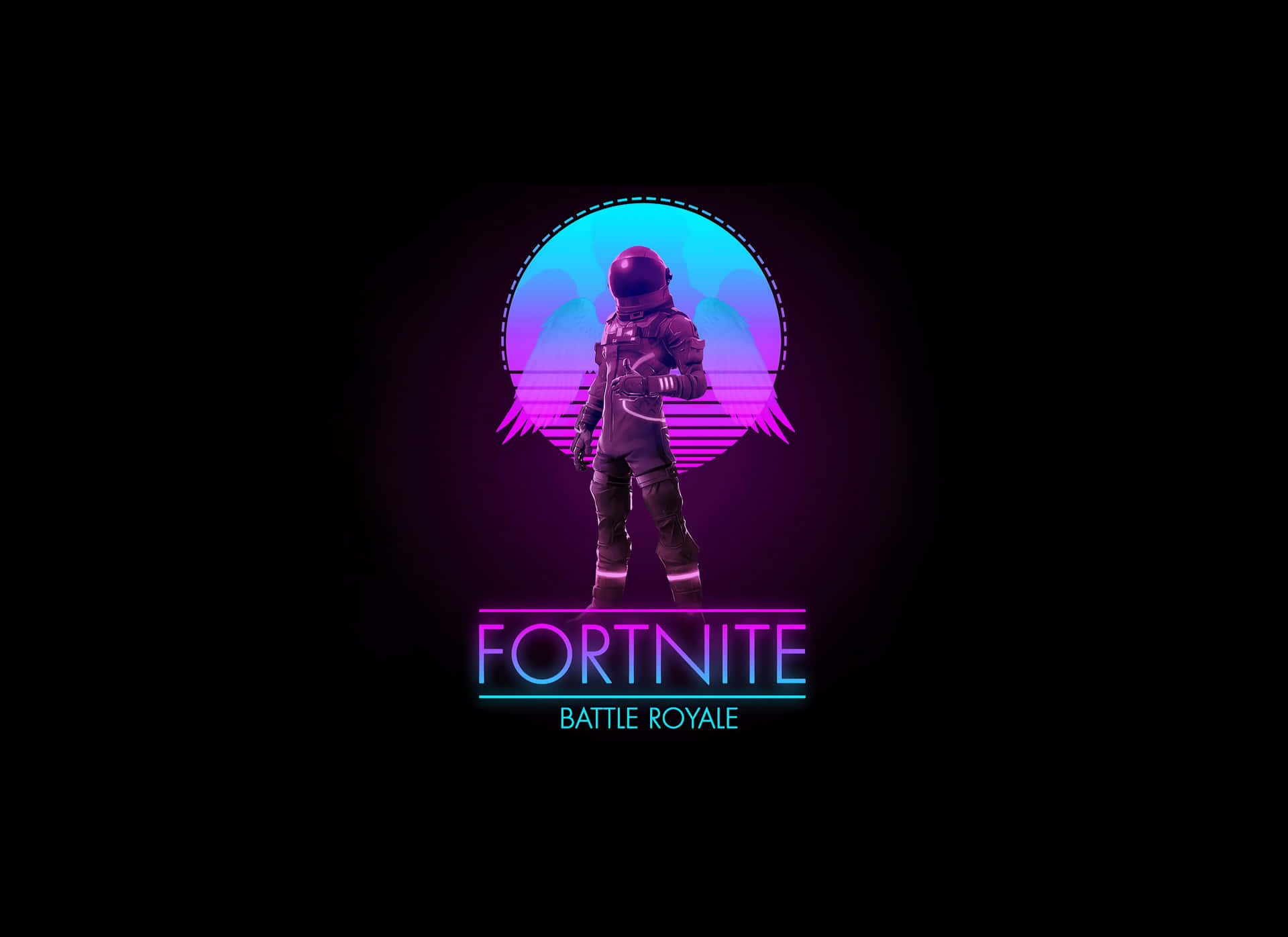  壁紙 — 一位復古未來風格的太空人站在發光的霓虹月亮前，下方有「FORTNITE BATTLE ROYALE」文字。