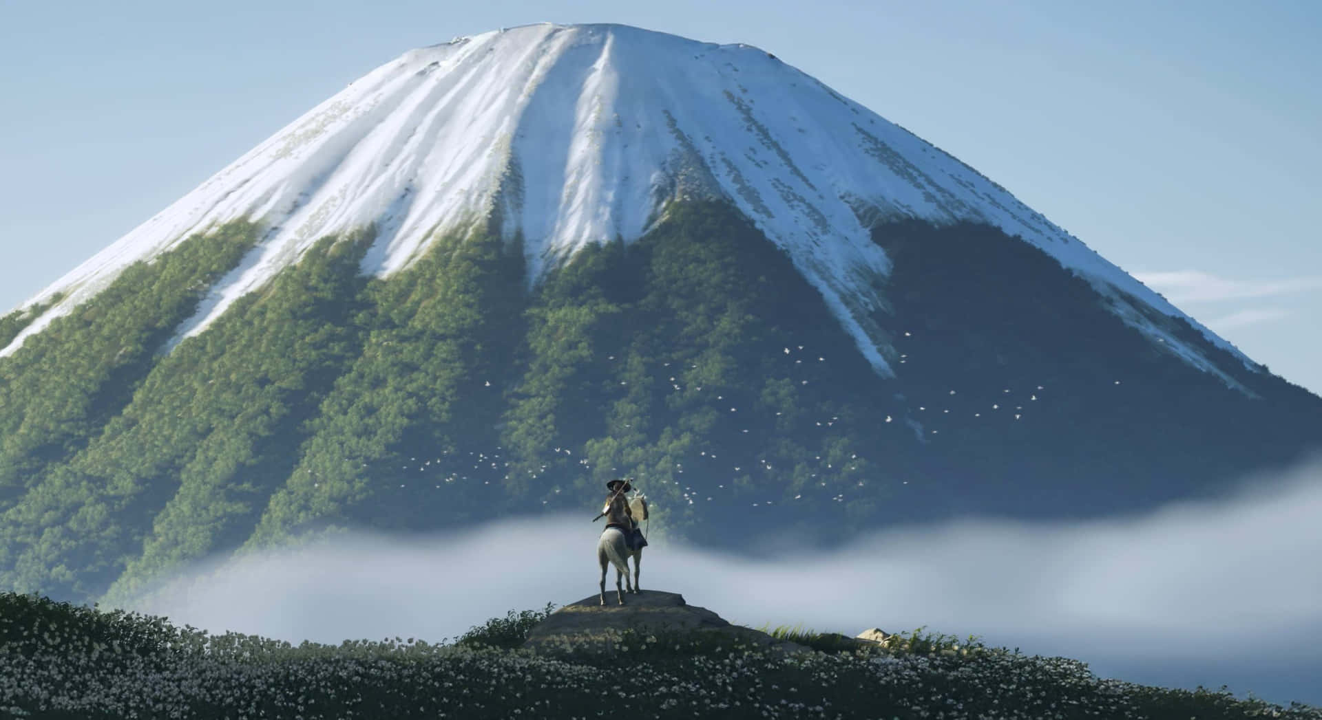  壁紙 — 一位孤獨的騎手騎著白馬，站在霧氣瀰漫的山丘頂上，凝視著晴朗藍天下雄偉的雪覆蓋的富士山。