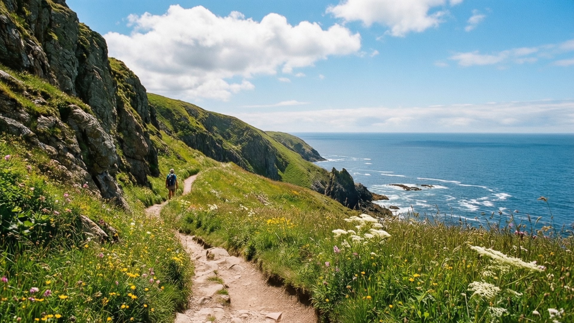 Olle Trail Coastal Walk 壁紙 — 一位孤獨的徒步者沿著蜿蜒的泥土小徑穿過充滿野花的翠綠懸崖，俯瞰廣闊的藍色海洋，天空明亮，雲朵蓬鬆。