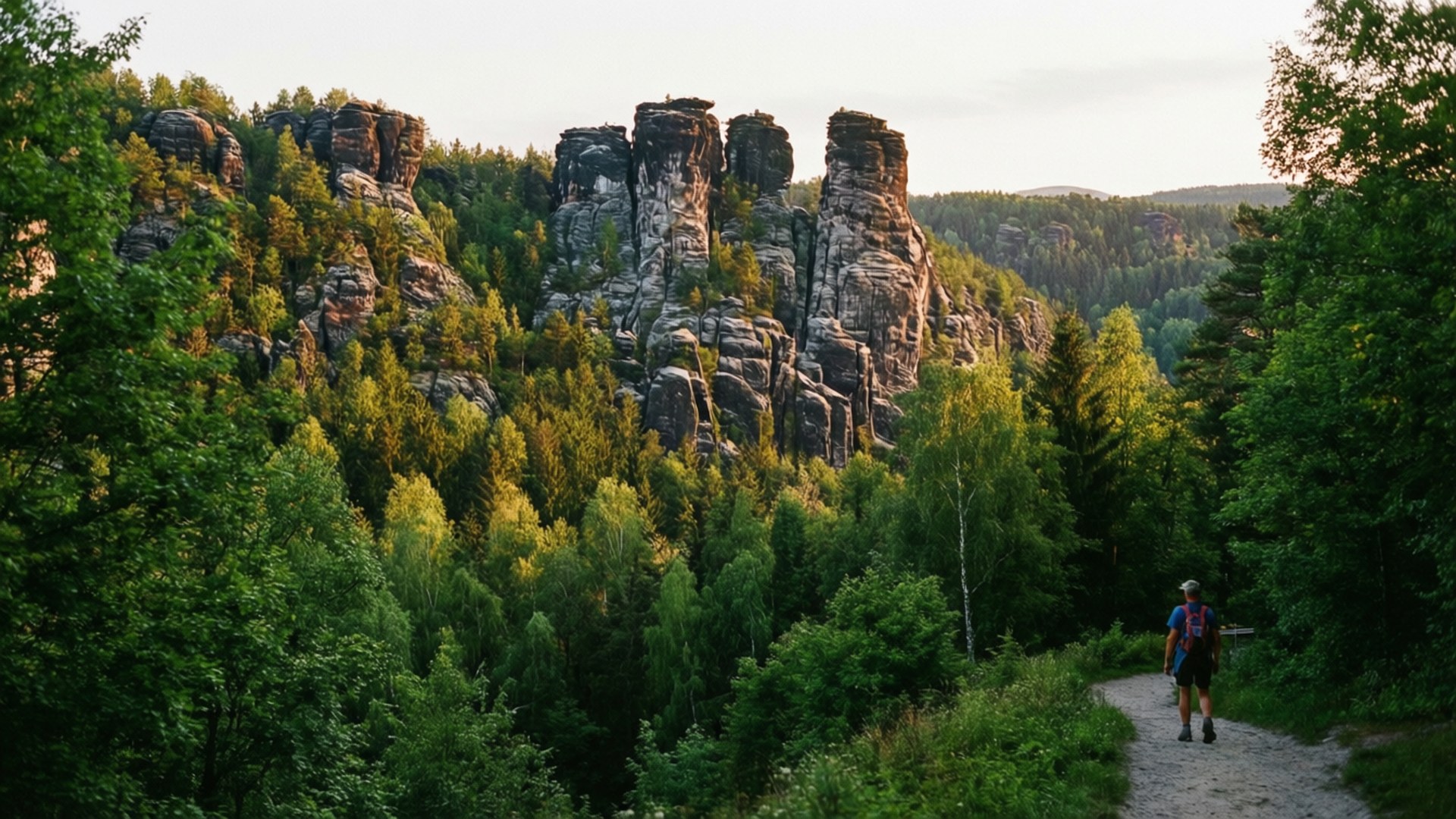 Bohemian Switzerland Trail 壁紙 — 一位孤獨的徒步者沿著蜿蜒的森林小徑走向高聳崎嶇的岩層，沐浴在金色的日落光芒中。