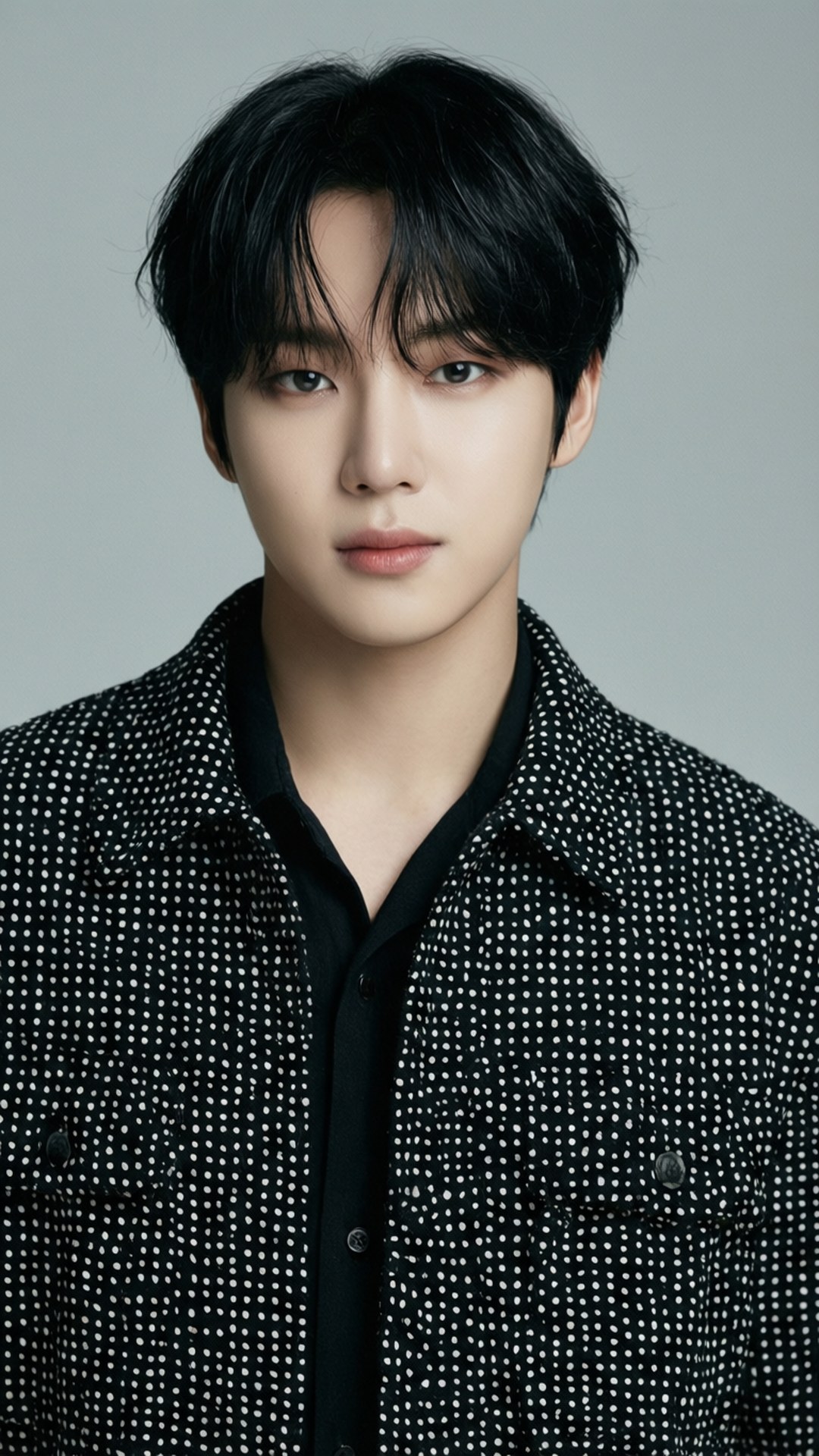 Changkyun Polka Dot 壁紙 — 一位黑髮年輕男子穿著黑色白點外套，內搭黑色襯衫，背景為灰色。