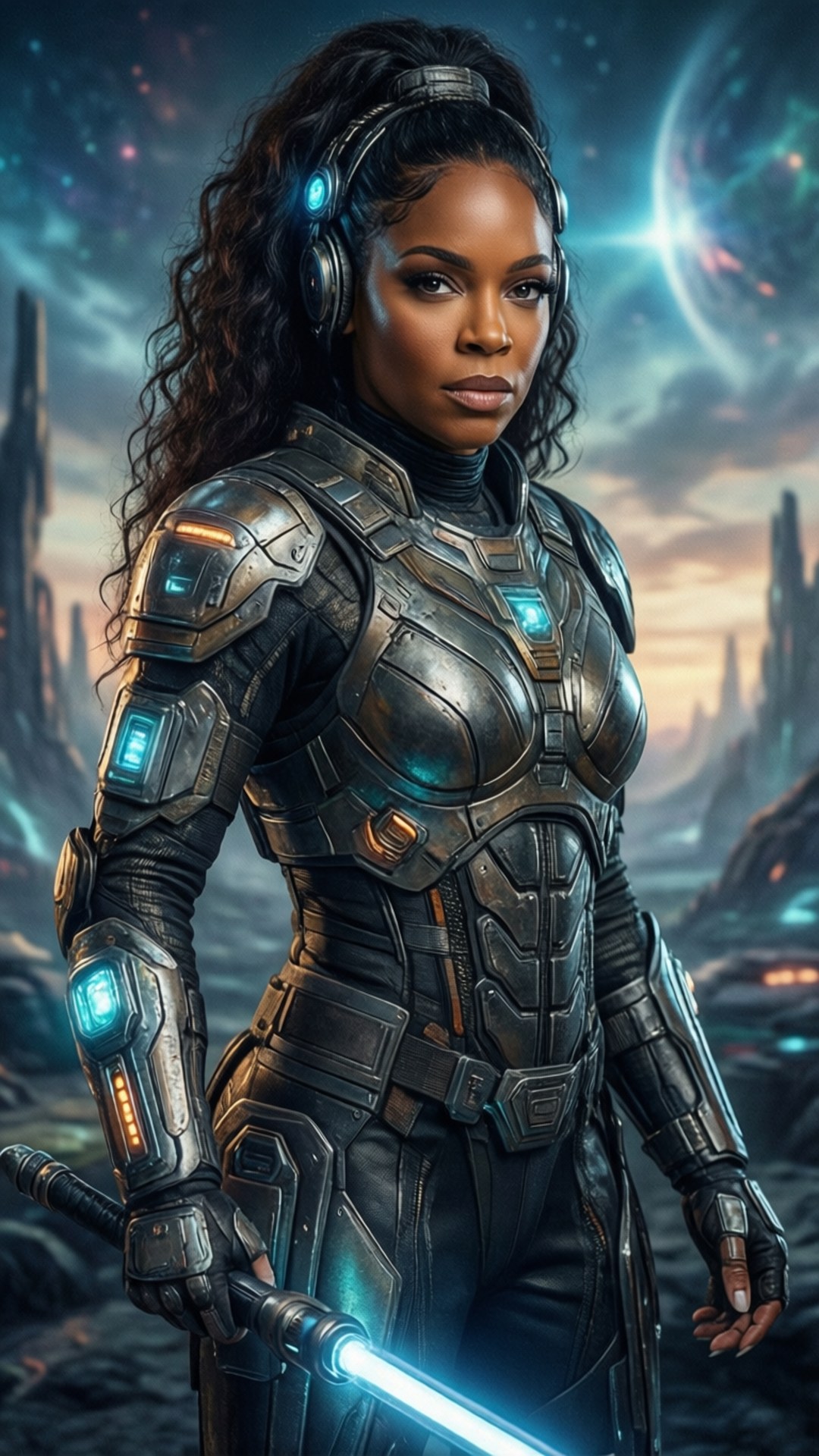 Sci-Fi Warrior Queen 壁紙 — 一位黑人女戰士身穿未來裝甲，手持發光藍色光劍，背景是宇宙外星景觀，有高聳的尖塔和一顆發光的行星。