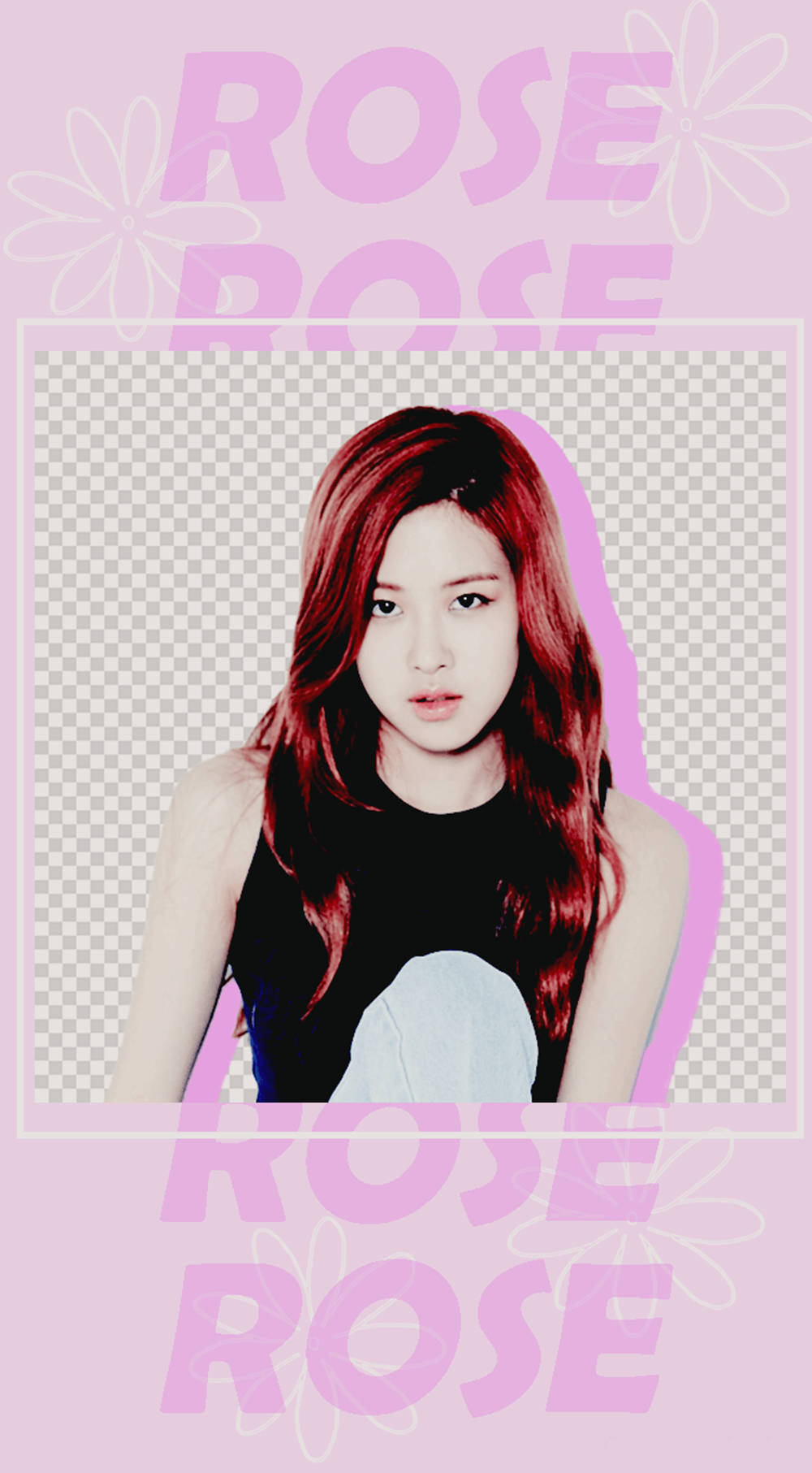 一位紅髮女性身穿黑色上衣，站在粉紅色花卉壁紙背景前。 — Blackpink 壁紙