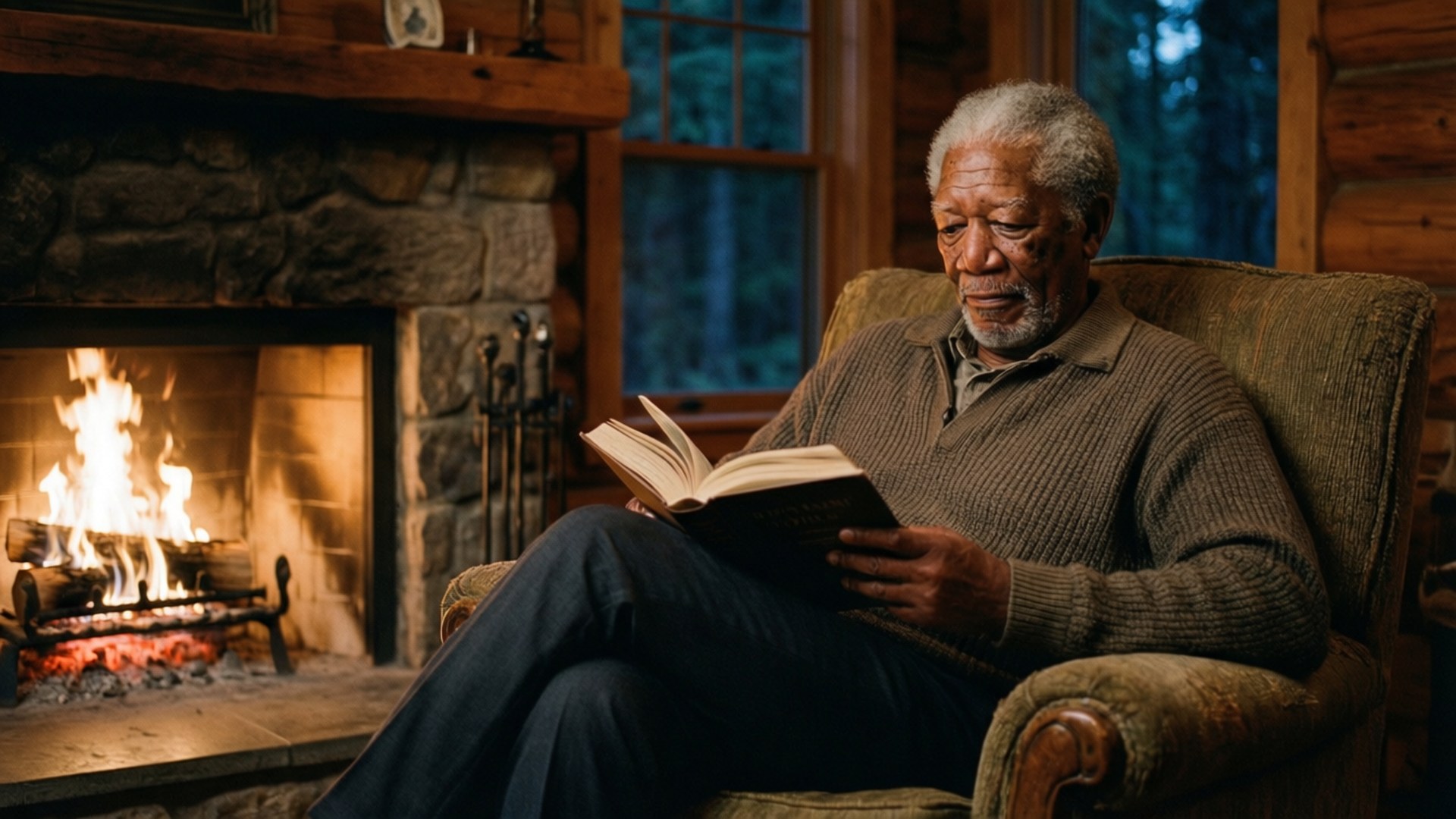 Cozy Reader 壁紙 — 一位灰白頭髮的長者坐在舒適的扶手椅上，旁邊是石砌壁爐裡熊熊燃燒的火焰，正在一間舒適的木屋裡看書。