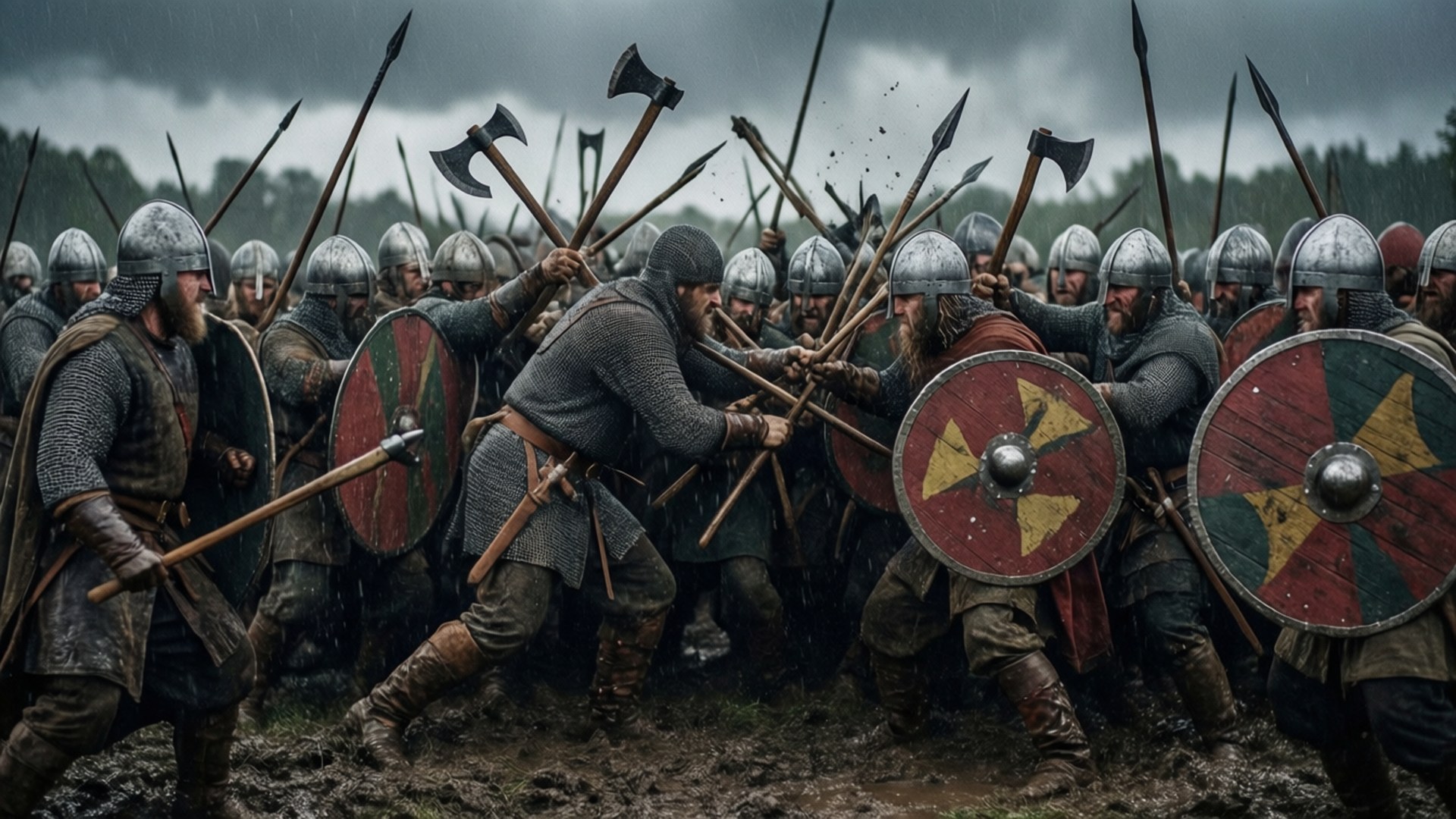 the last kingdom 桌布 壁紙 — 維京戰士在暴風雨天空下的泥濘戰場上，揮舞斧頭、長矛和圓盾交戰。