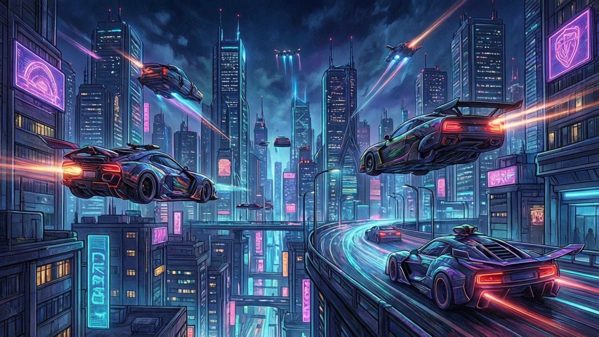 Cyberpunk City Digital 壁紙 — 未來的飛行汽車在黑暗的賽博龐克天空下，穿過霓虹燈照亮的摩天大樓競速。