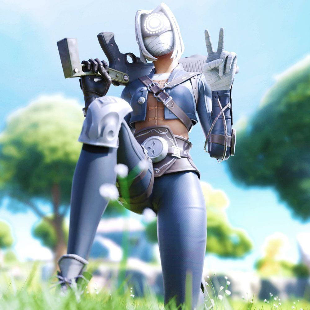 未來風格的蒙面戰士在草地上手持武器並做出和平手勢。 — Fortnite 壁紙