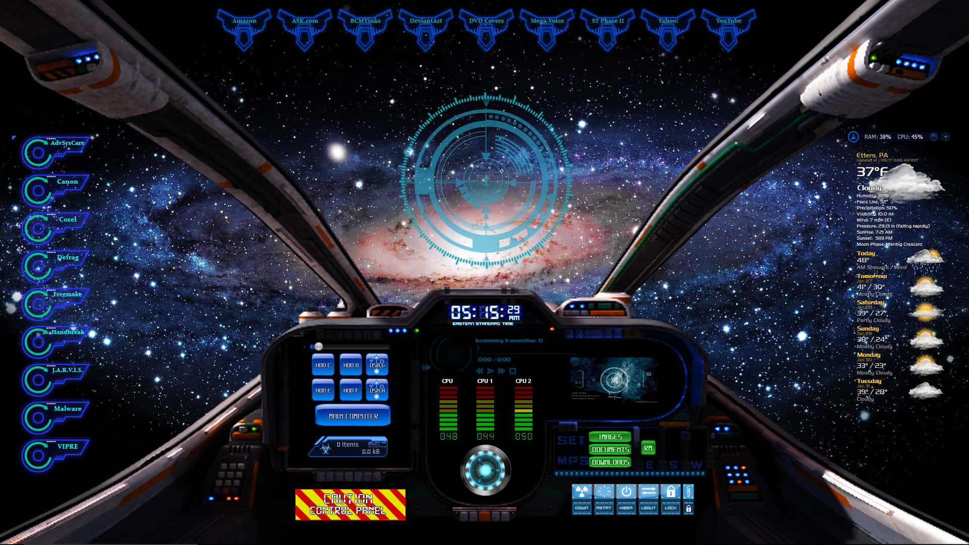 Spaceship Cockpit 桌布 壁紙 — 未來風格的太空船駕駛艙，帶有發光藍色控制裝置，透過擋風玻璃可看到星域景觀。