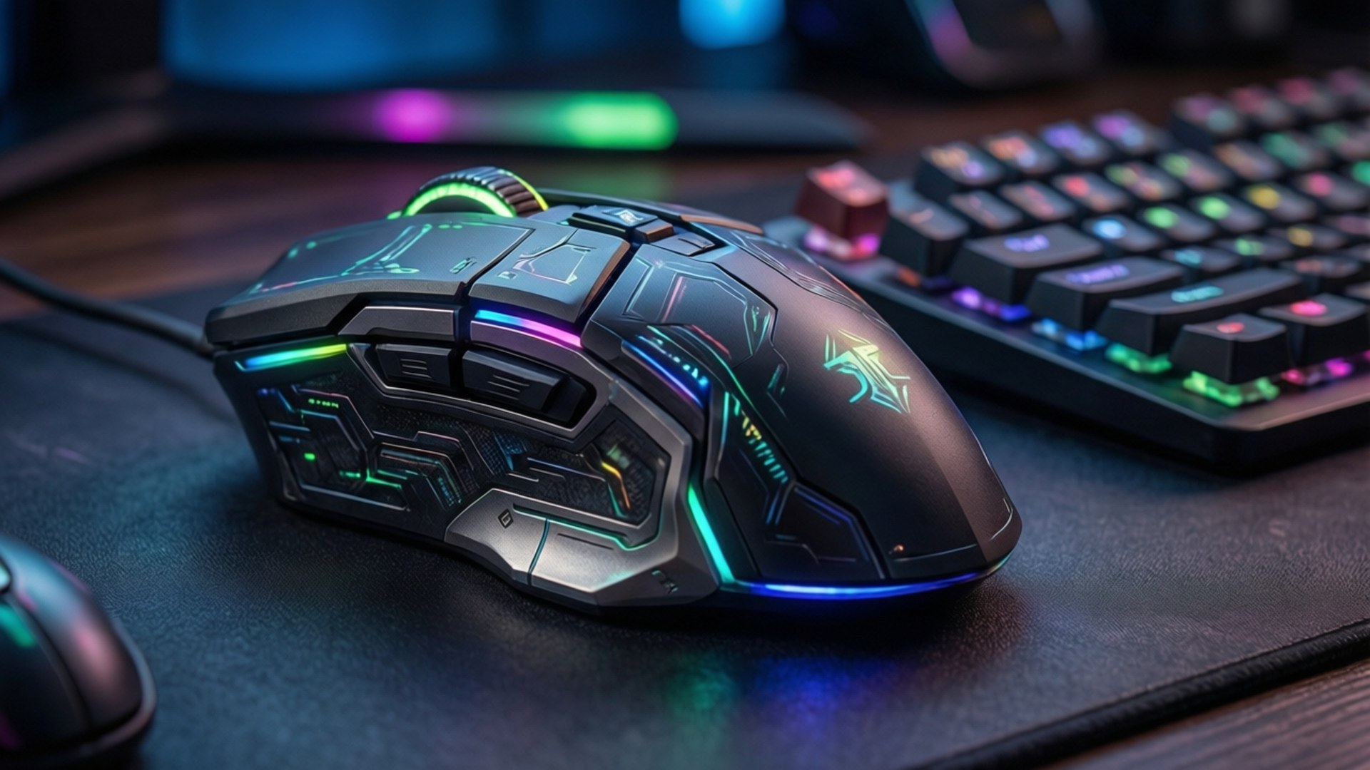 RGB Mouse Keyboard 壁紙 — 一隻未來風格的黑色遊戲滑鼠，帶有發光的彩虹RGB燈光，放在深色滑鼠墊上，旁邊是相配的鍵盤。