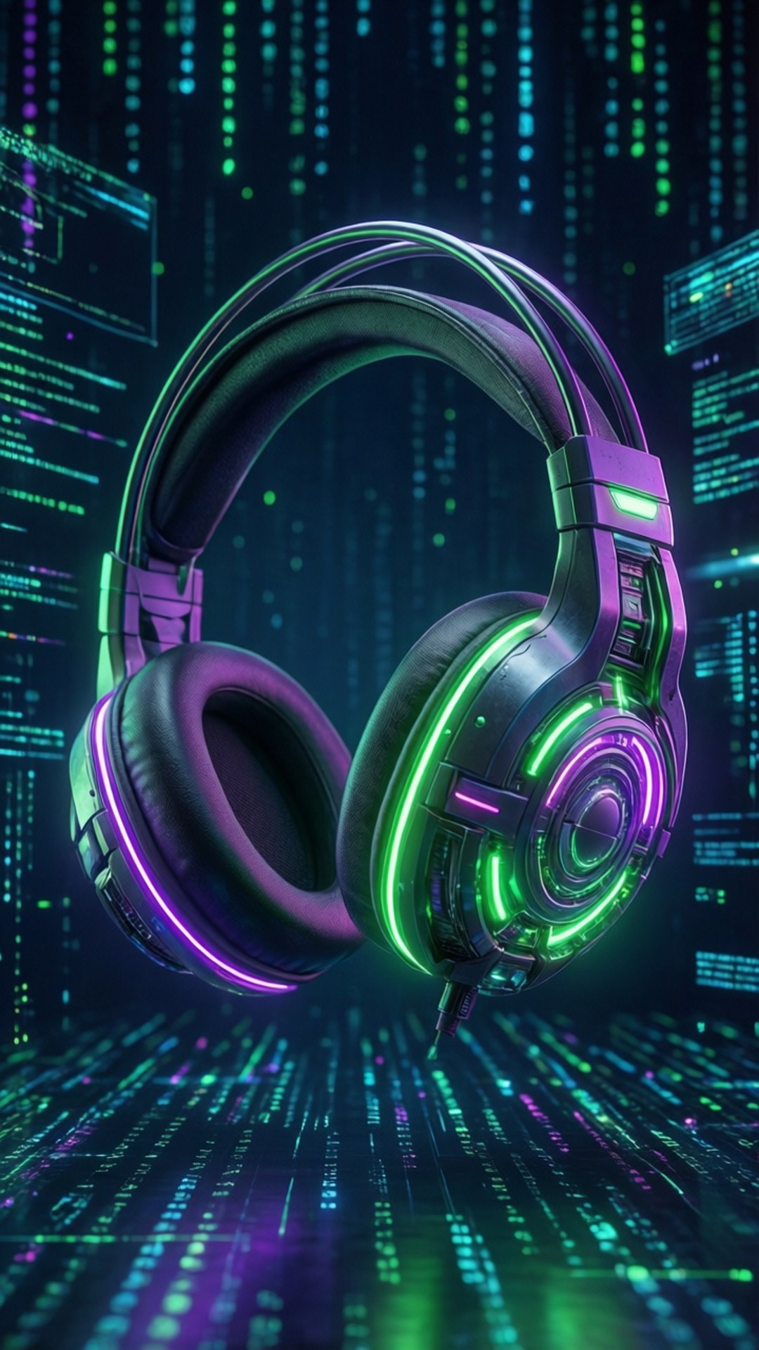 Neon Gaming Headset 壁紙 — 未來感發光耳機在賽博龐克設定中漂浮於層疊的霓虹數位代碼之間。