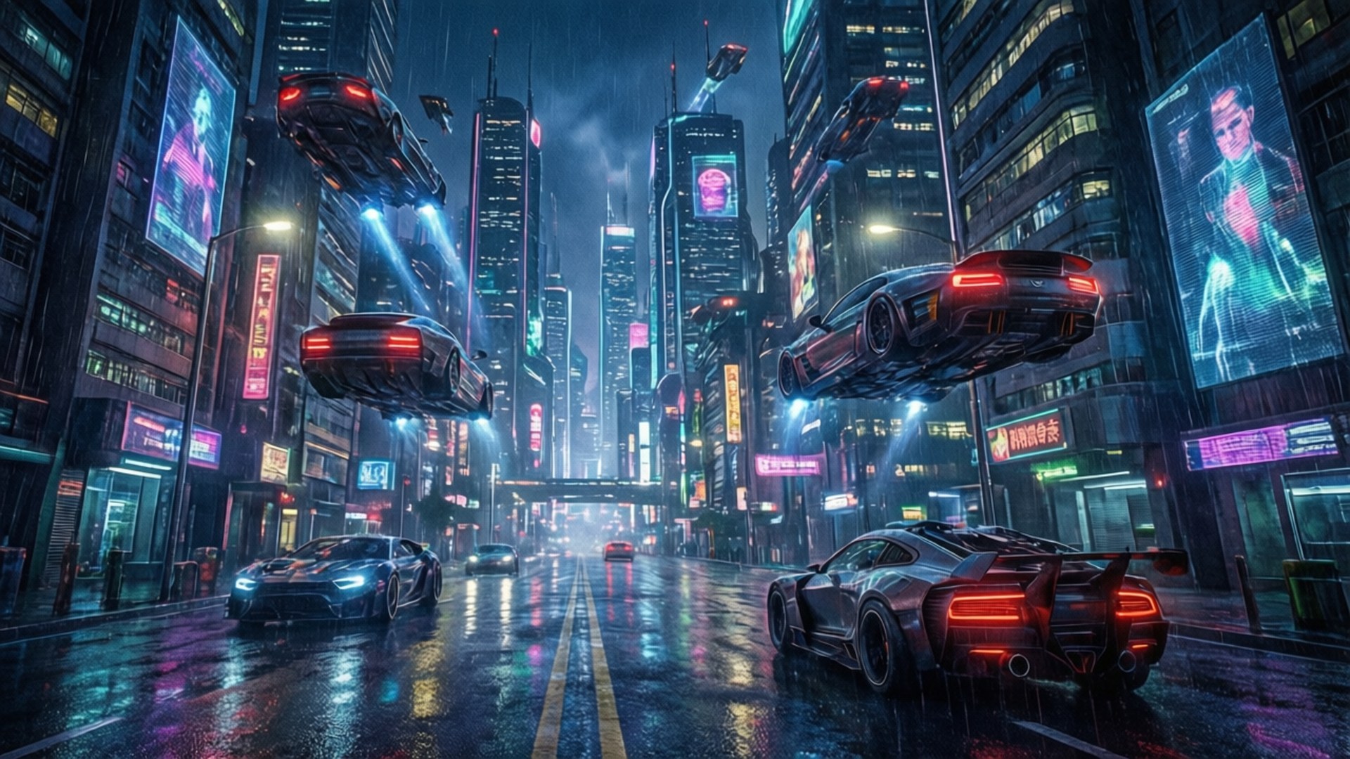 Neon Metropolis 壁紙 — 未來感霓虹燈夜景城市景觀，有飛天汽車和雨水濕滑的街道反射出鮮豔的數位廣告看板。