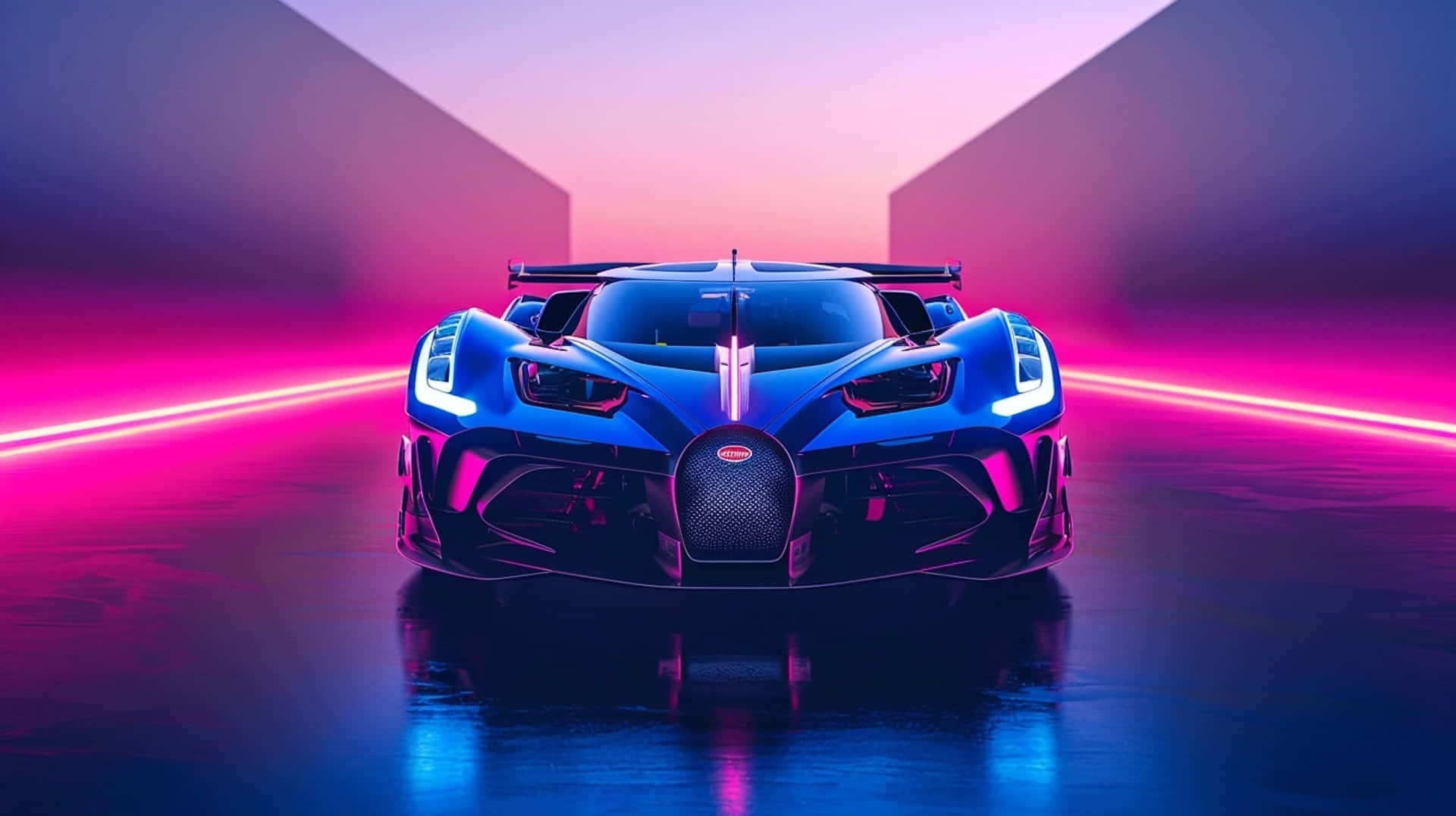 Bugatti Bolide 桌布 壁紙 — 一輛未來感十足的藍色Bugatti超跑在霓虹粉紅和紫色燈光下，於時尚簡約的隧道中閃耀。