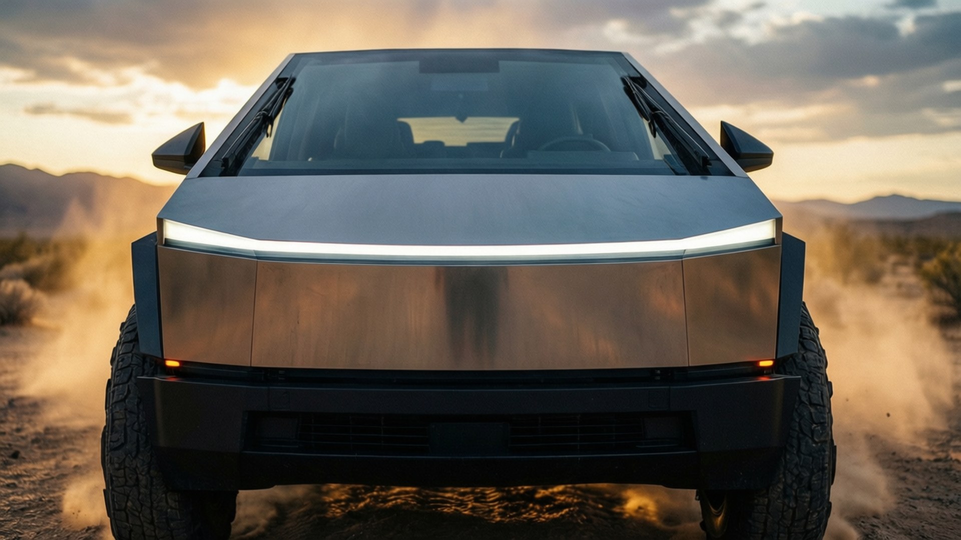 Cybertruck Desert Close 壁紙 — 一輛未來感十足的銀色電動卡車，車頭燈閃閃發光，在日落時分行駛在塵土飛揚的沙漠地形中。