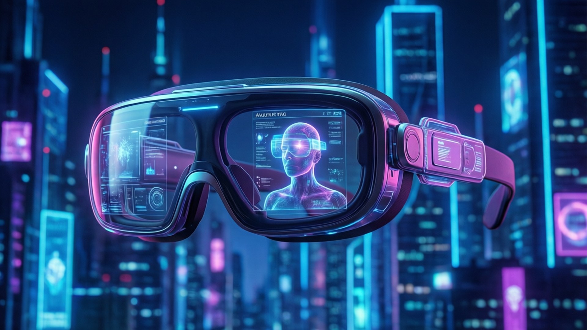 AR Smart Glasses 壁紙 — 未來智慧眼鏡在夜晚發光的賽博龐克城市景觀上顯示全息數據。