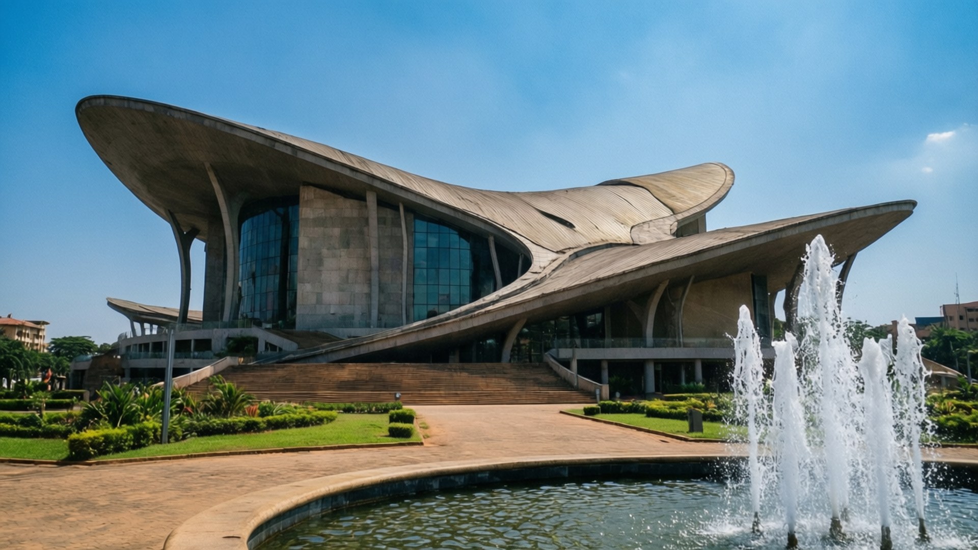 Ghana National Theatre 壁紙 — 一座未來主義的混凝土建築，擁有流線型曲線屋頂和玻璃窗，矗立在一個在清澈藍天下噴水的噴泉旁。
