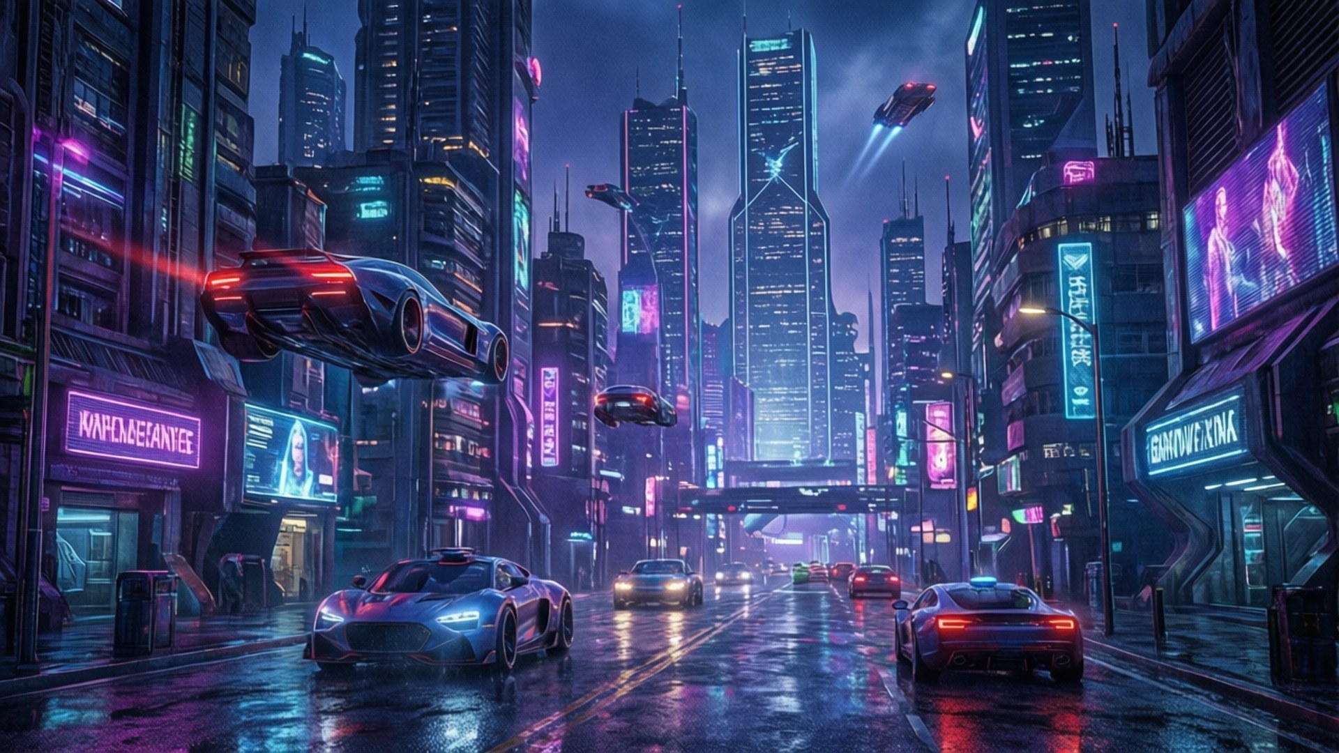 霓虹燈照亮的未來城市，有飛車和高聳的建築物在夜晚。 — 1440P 壁紙