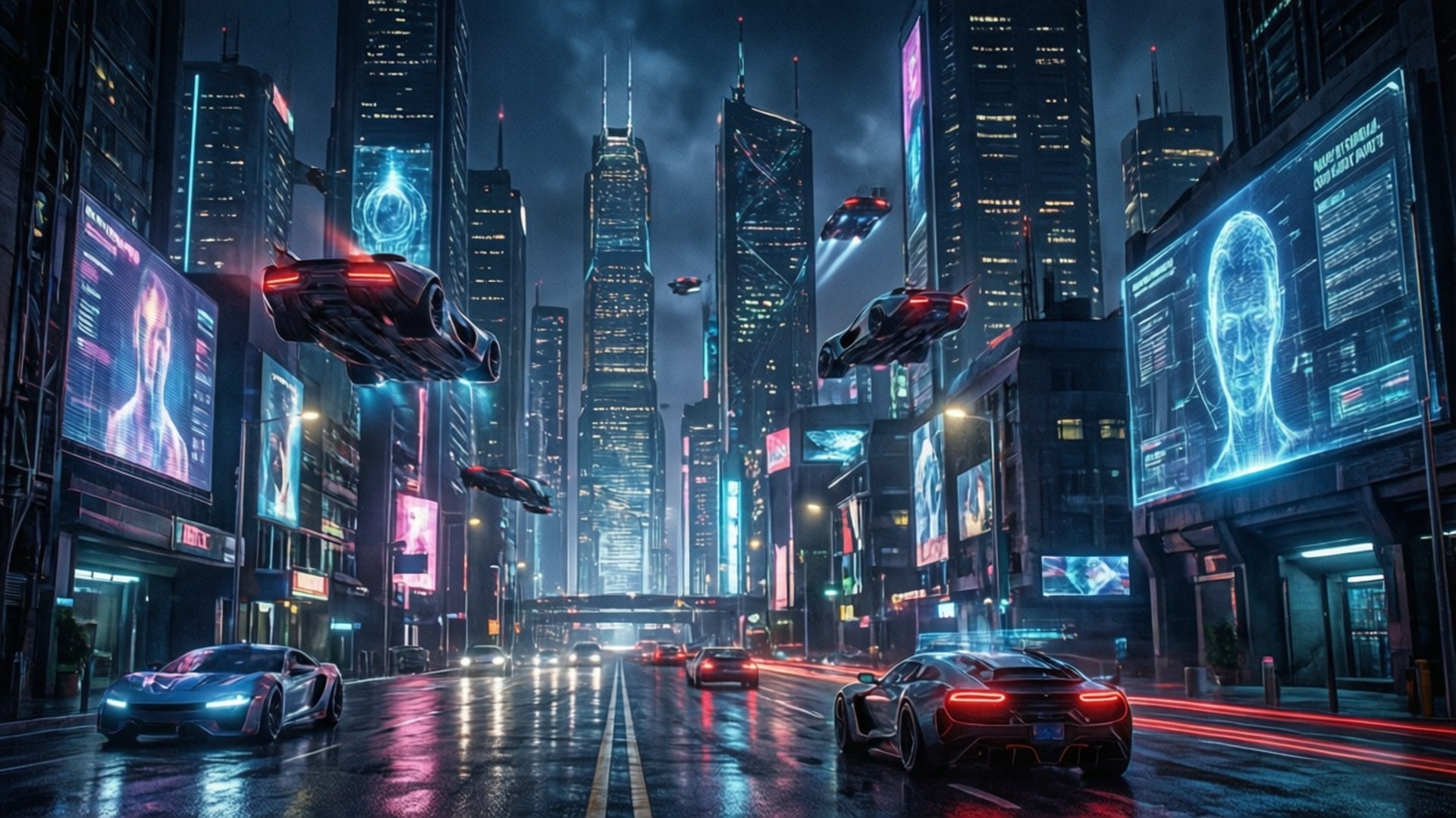 Neon Cyberpunk Cityscape 壁紙 — 未來主義的霓虹燈城市夜景，有飛車和展示全息廣告的高聳摩天大樓。