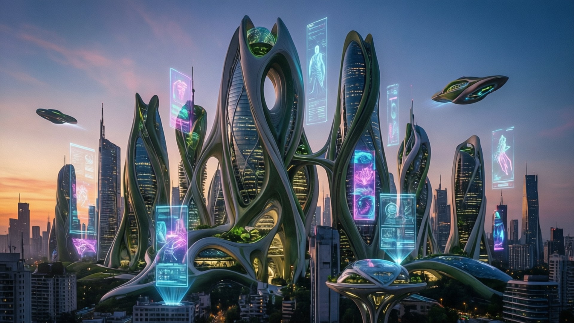 暮色中發光建築和飛碟的未來主義城市景觀。