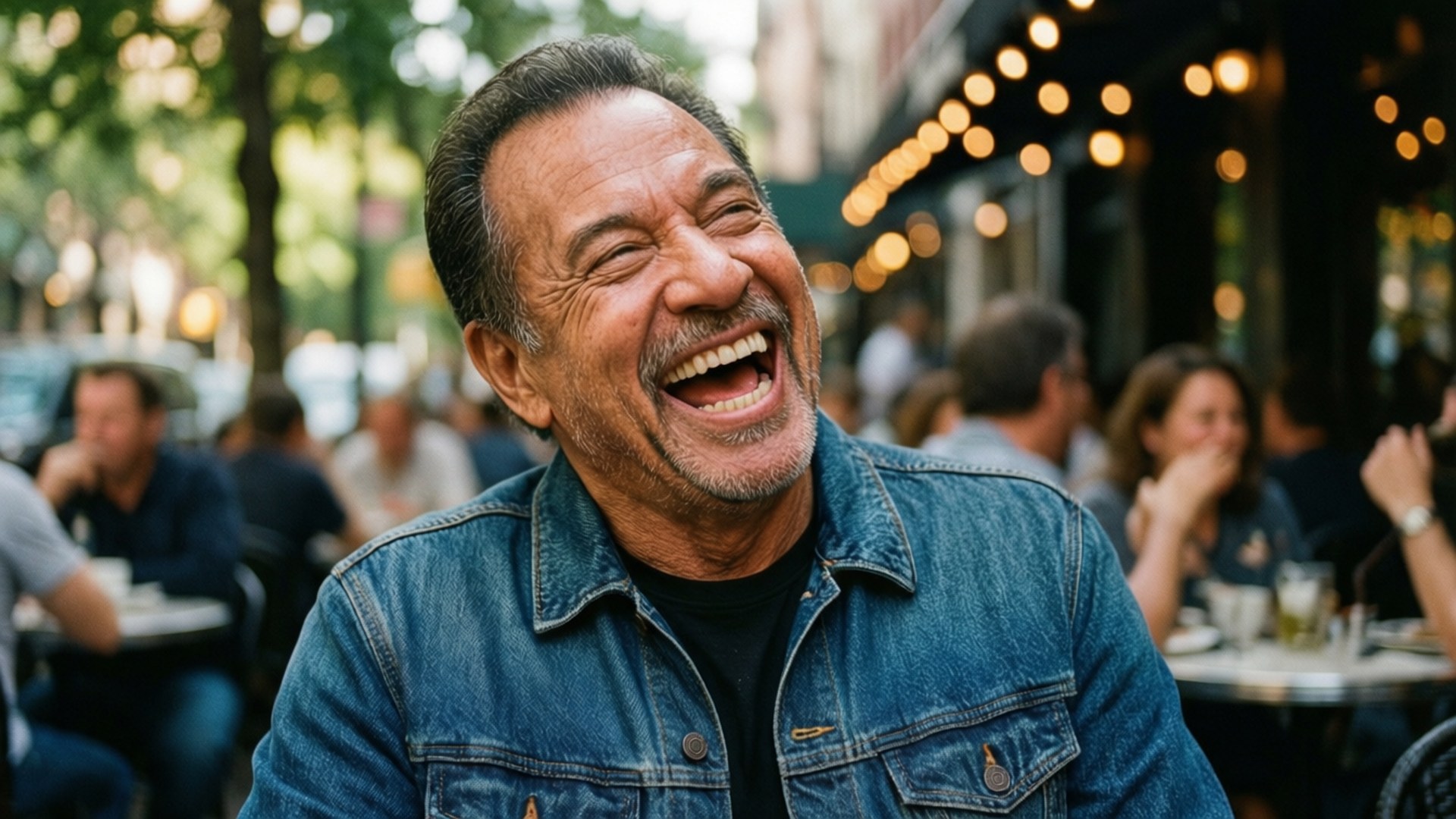 Joyful Laugh 壁紙 — 一位留著灰白鬍鬚的快樂男子，坐在戶外咖啡館，背景有燈串和模糊的顧客，開懷大笑。