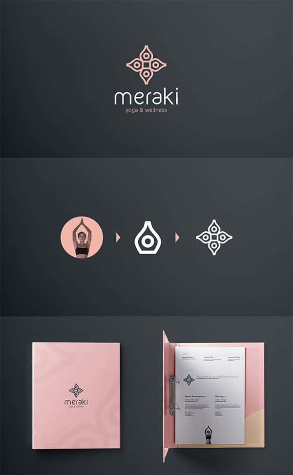 Minimalist Logo 桌布 壁紙 — 為「meraki yoga & wellness」設計的極簡品牌，包含幾何標誌、粉紅色文具和一位瑜伽姿勢的女性。