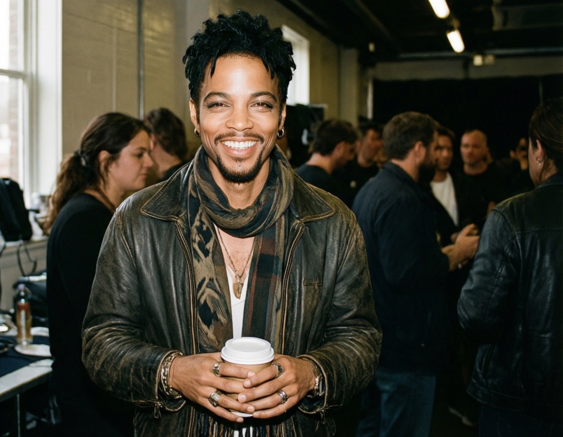 Candid Backstage Smile 壁紙 — 一位面帶微笑、身穿皮夾克和圖案圍巾的男子在熱鬧的室內聚會中手持咖啡杯。