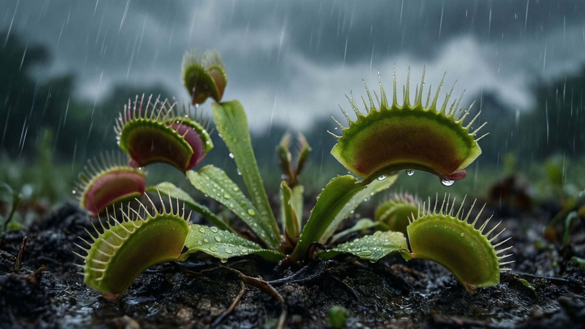 桌布 壁紙 — 維納斯捕蠅草在黑暗暴風雨的森林中，在傾盆大雨下閃爍著雨滴。