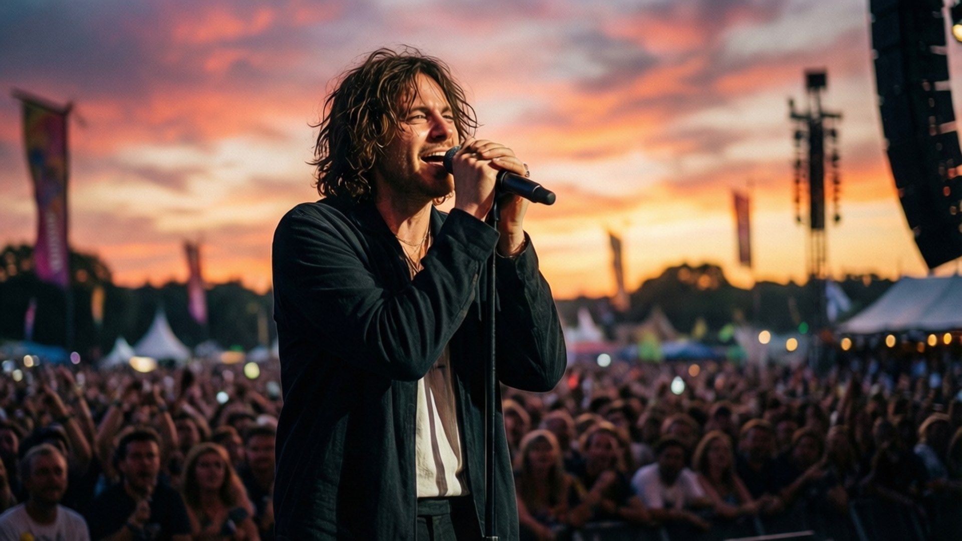 Glastonbury Sunset Performance 壁紙 — 一位男歌手頭髮蓬亂，在日落時分於戶外音樂節上對著麥克風熱情演唱，台下歡呼的人群。