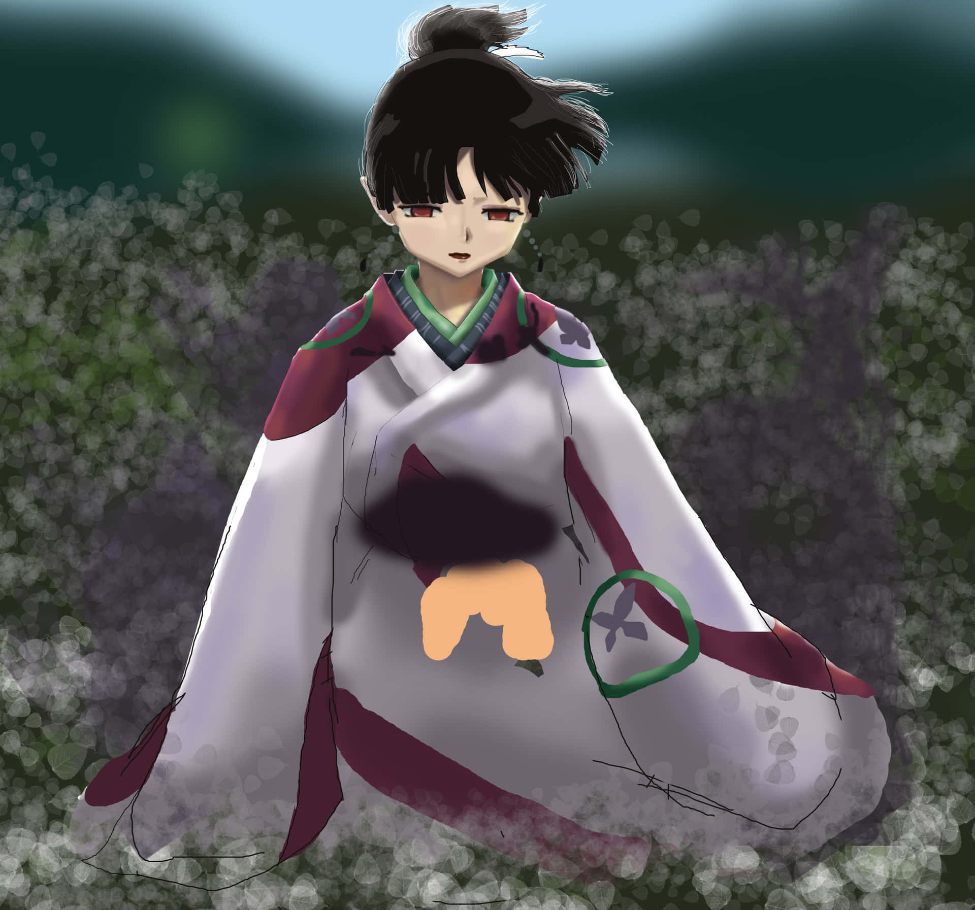Inuyasha Kagura 桌布 壁紙 — 一位年輕的動漫女孩穿著白色和栗色的和服，站在紫色花田中，天空柔和藍色。