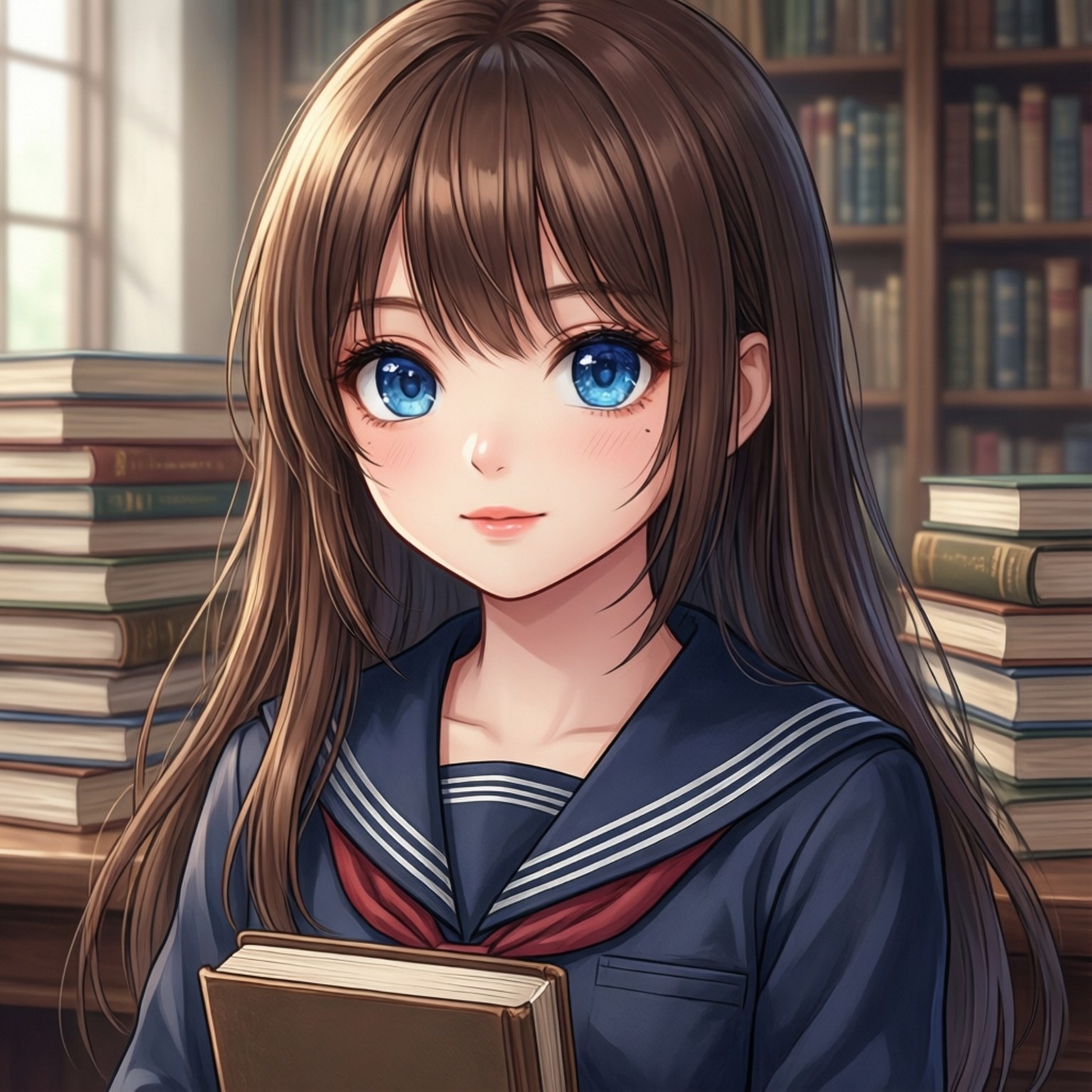 Brown Hair Library Girl 壁紙 — 一位年輕的動漫女孩，藍眼睛，棕色頭髮，穿著海軍水手制服，在陽光普照的圖書館裡拿著一本書，周圍堆滿了書。