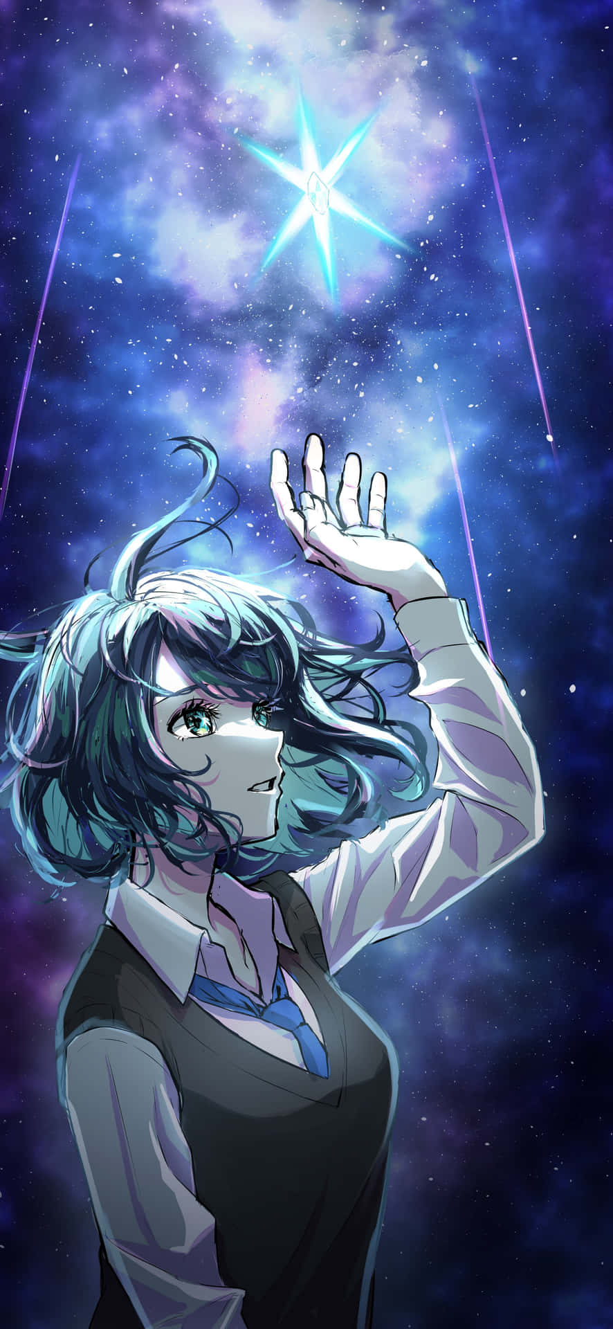  壁紙 — 一位年輕的動漫女孩，擁有青綠色頭髮，在宇宙紫色星雲中向上伸向一顆閃耀的星星。