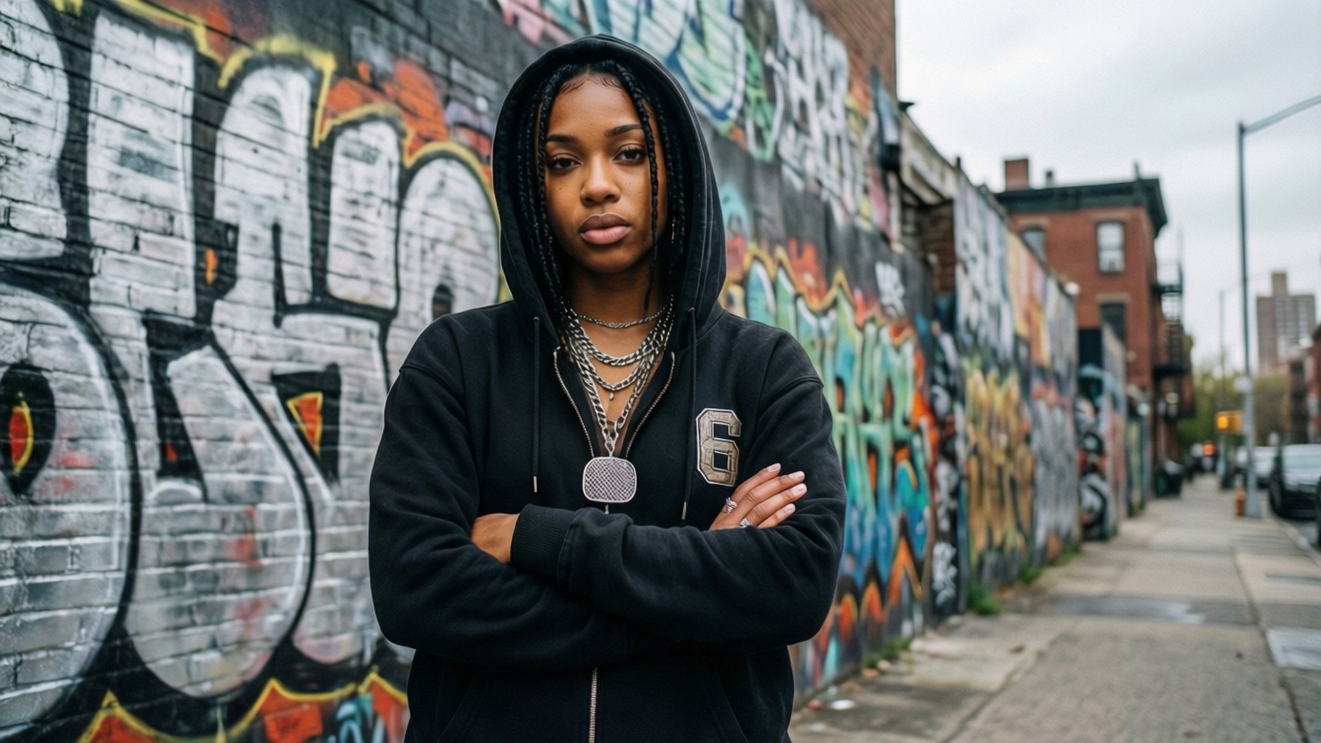 Brooklyn Street Presence 壁紙 — 一位年輕女性穿著黑色連帽衫，雙臂交叉，自信地站在充滿活力的塗鴉城市小巷中。