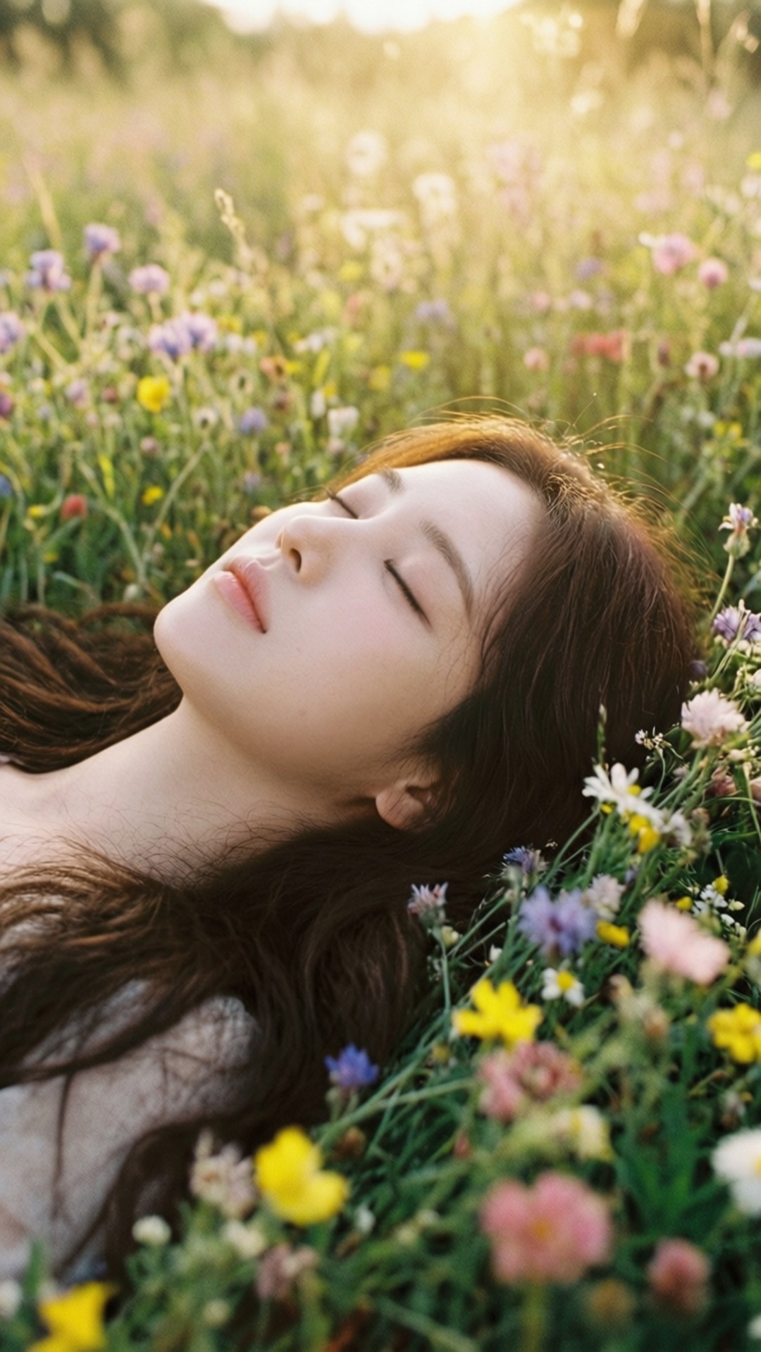 Taeyeon 桌布 壁紙 — 一位年輕女子閉上眼睛，在陽光明媚、色彩繽紛的野花田中安詳地休息。