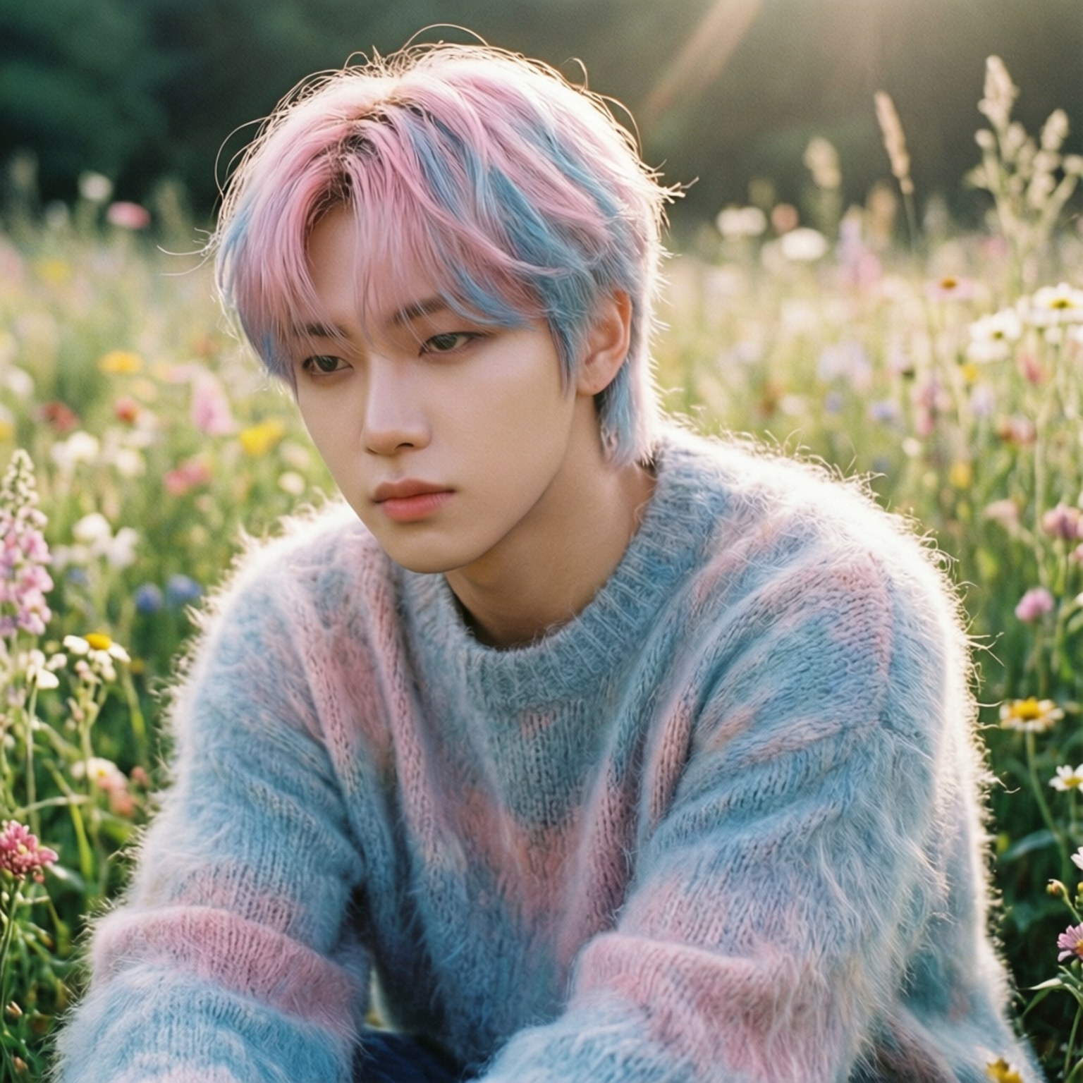 MONSTA X 桌布 壁紙 — 一位年輕人有粉彩粉紅和藍色頭髮，坐在陽光明媚的野花田裡，穿著一件毛茸茸的多色毛衣。