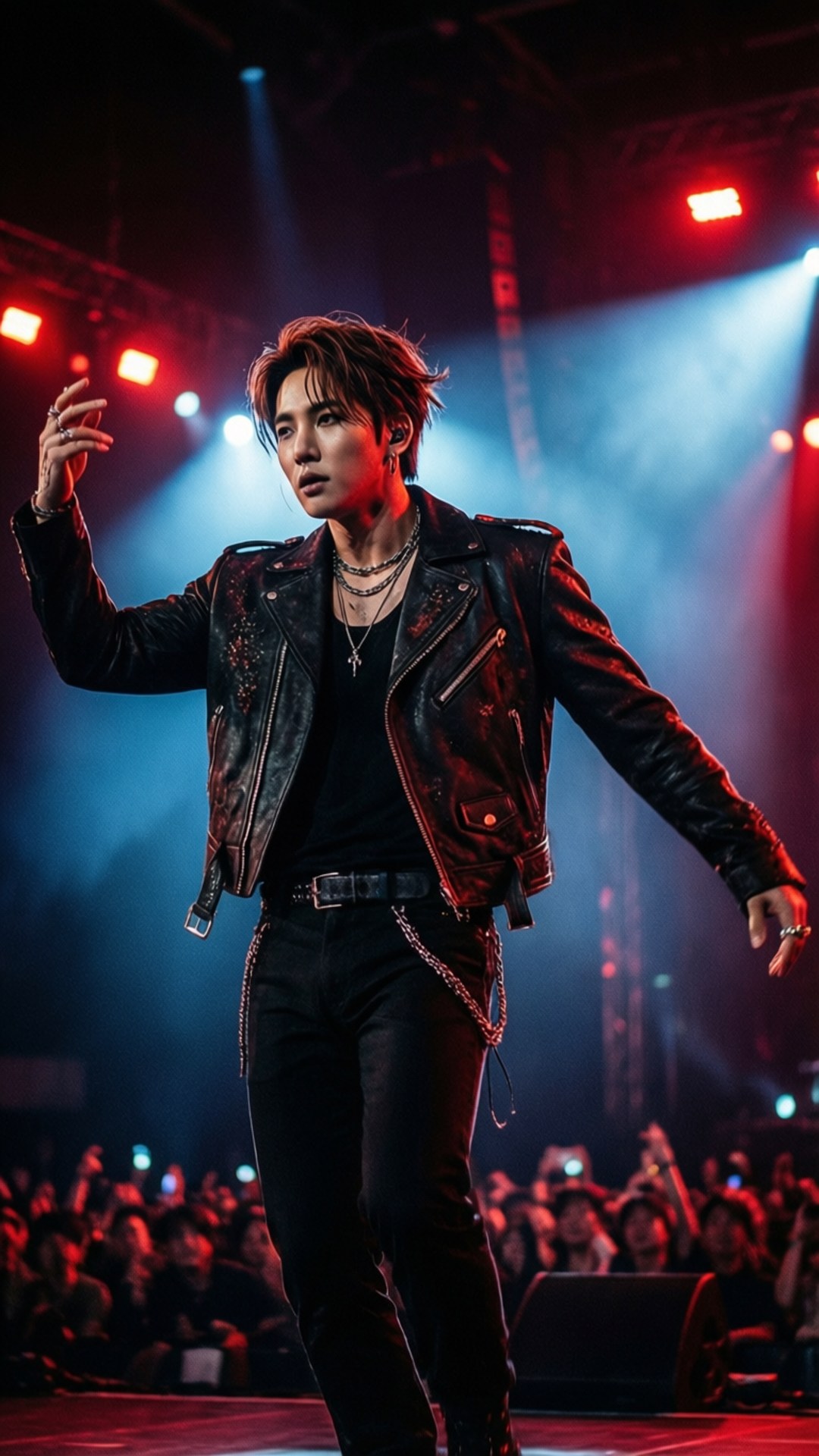 G-Dragon 桌布 壁紙 — 一位身穿黑色皮夾克的男表演者在紅藍射燈籠罩的舞台上掌控全場，台下觀眾熱情投入。