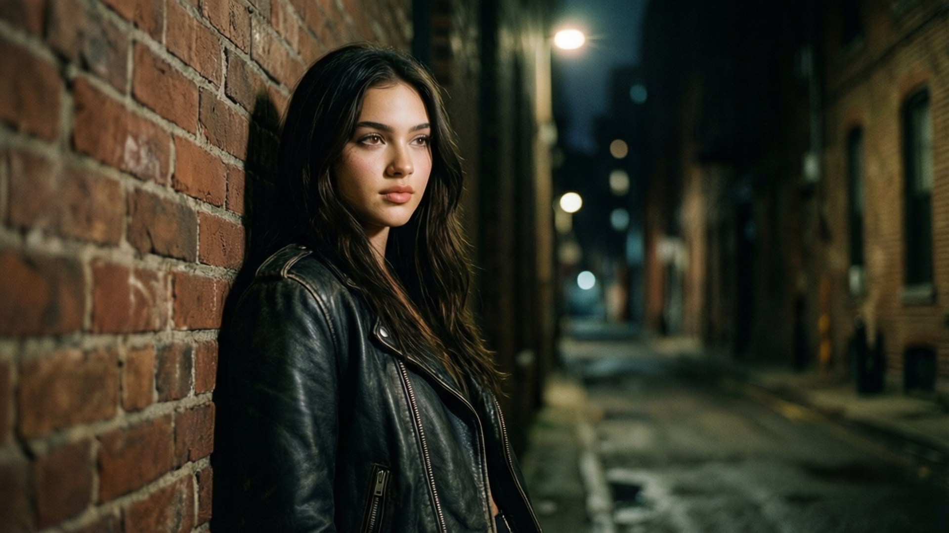 Urban Edge Mood 壁紙 — 一位身穿黑色皮夾克的年輕女子在夜晚靠著昏暗城市小巷中的紅磚牆。
