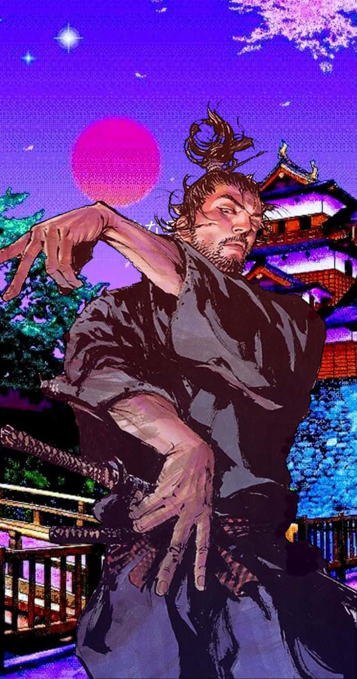  壁紙 — 一位身穿深色長袍的武士，在充滿活力的紫色暮色天空下，手持武士刀，背景有粉紅色的太陽和櫻花。