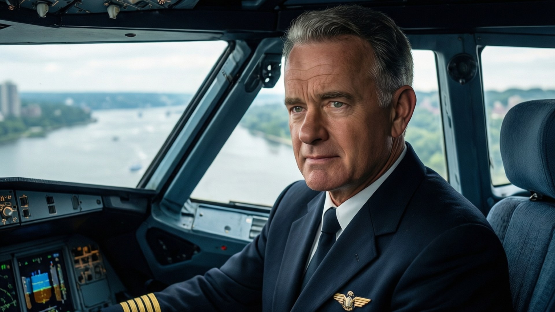 Sully Heroic Landing 壁紙 — 一位身穿制服的資深飛行員在飛機駕駛艙內冷靜地俯瞰河流與城市景觀。