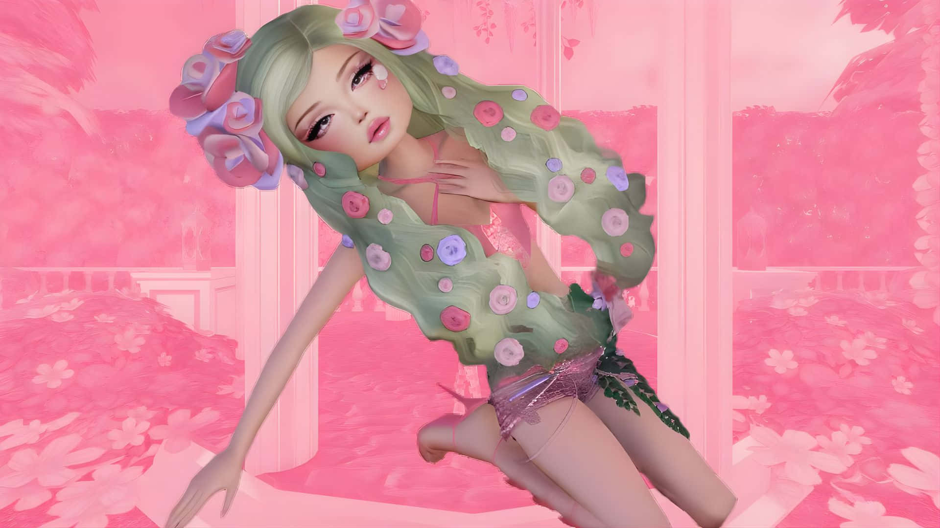  壁紙 — 一位數位動漫女孩，擁有花卉頭髮和裙子，在粉紅色的花園中優雅地擺姿勢。