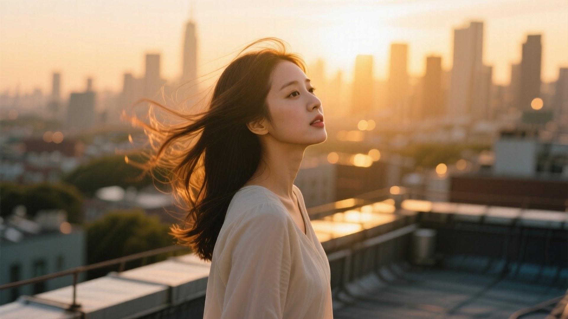 City Sunset Taeyeon 壁紙 — 一位頭髮被風吹亂的女性在黃金時刻站在屋頂上，凝視著朦朧的城市天際線。